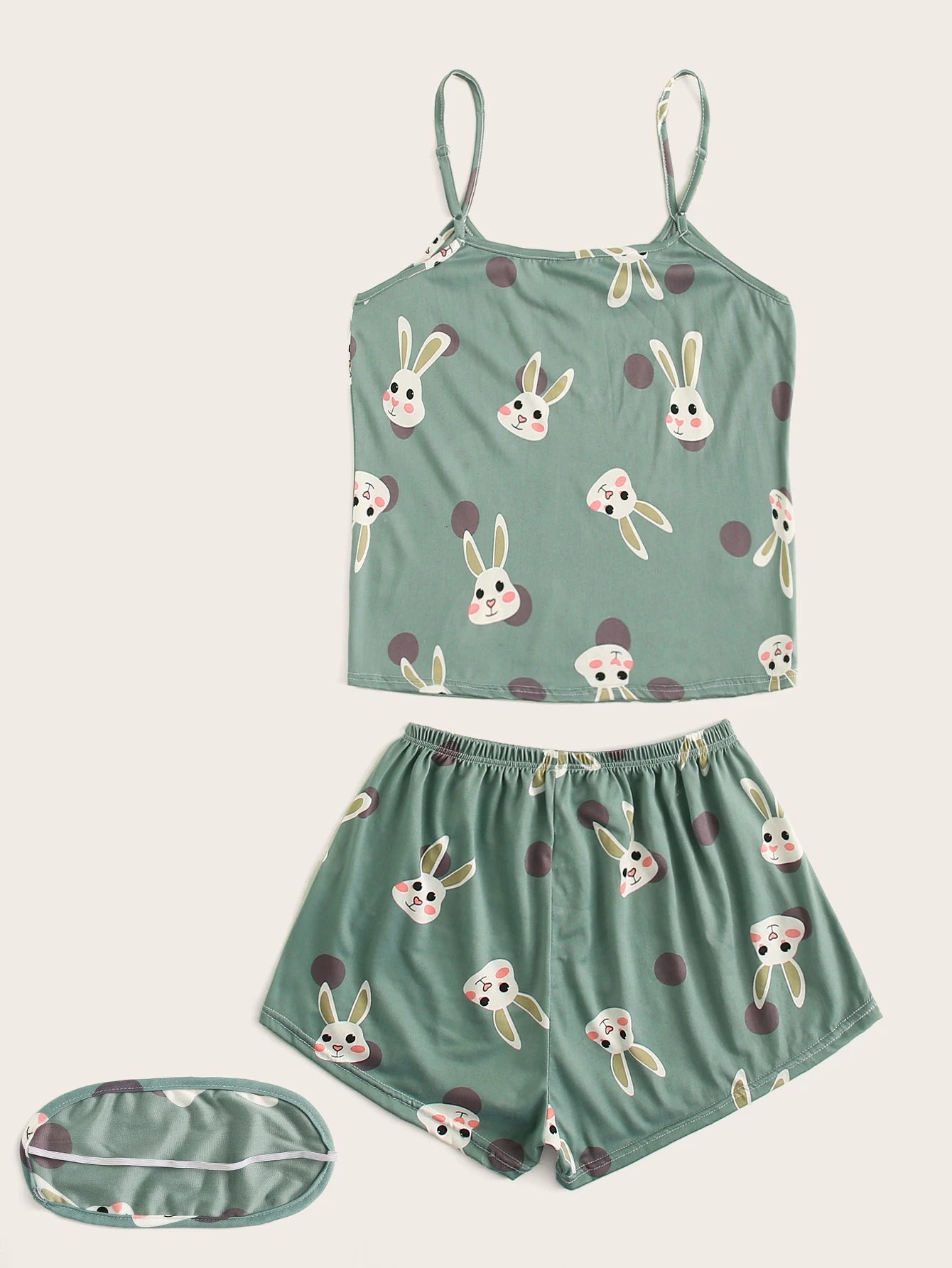 Conjunto de Pijama / Camiseta Alça com Estampa de Coelho Poá e Máscara para os Olhos