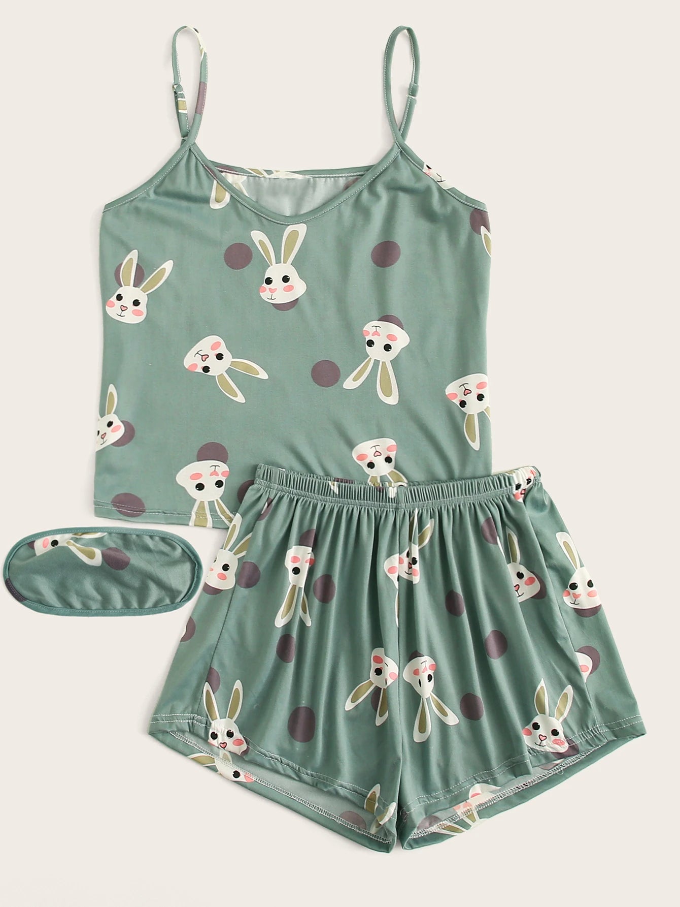 Conjunto de Pijama / Camiseta Alça com Estampa de Coelho Poá e Máscara para os Olhos