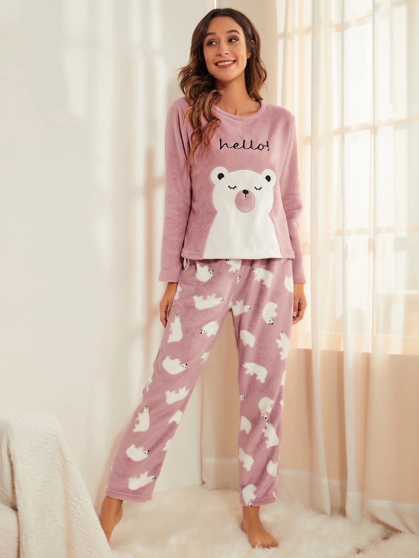 CoupledUp Conjunto de Pijama/Pijama em Flanela com Bordado de Urso e Letra