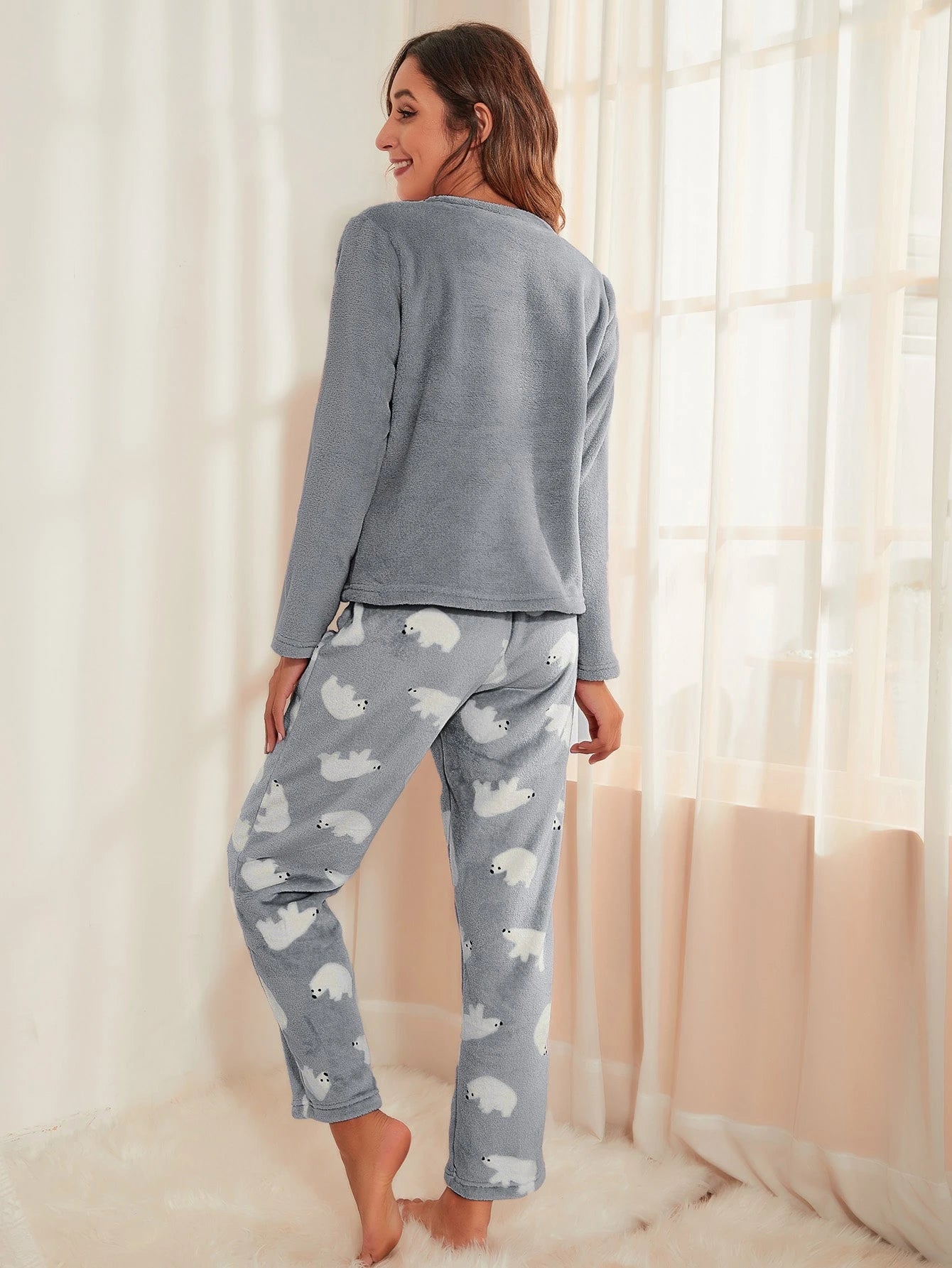 CoupledUp Conjunto de Pijama/Pijama em Flanela com Bordado de Urso e Letra