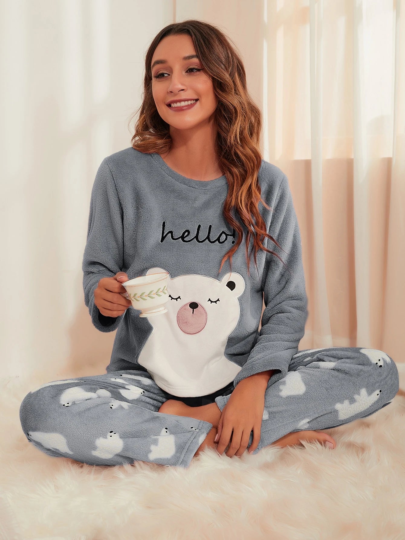 CoupledUp Conjunto de Pijama/Pijama em Flanela com Bordado de Urso e Letra