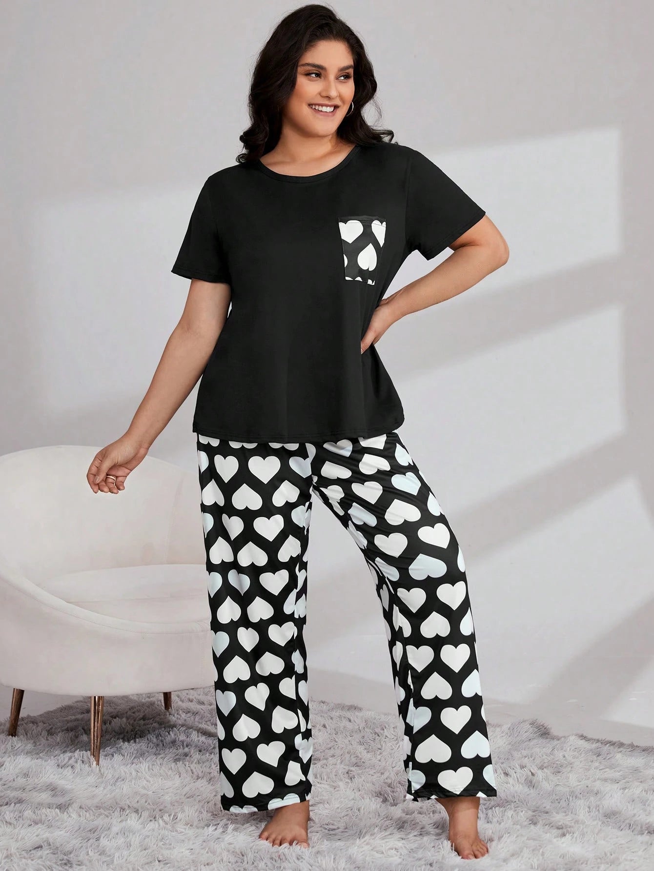 Conjunto de Pijama com Bolso Remendado de Xadrez