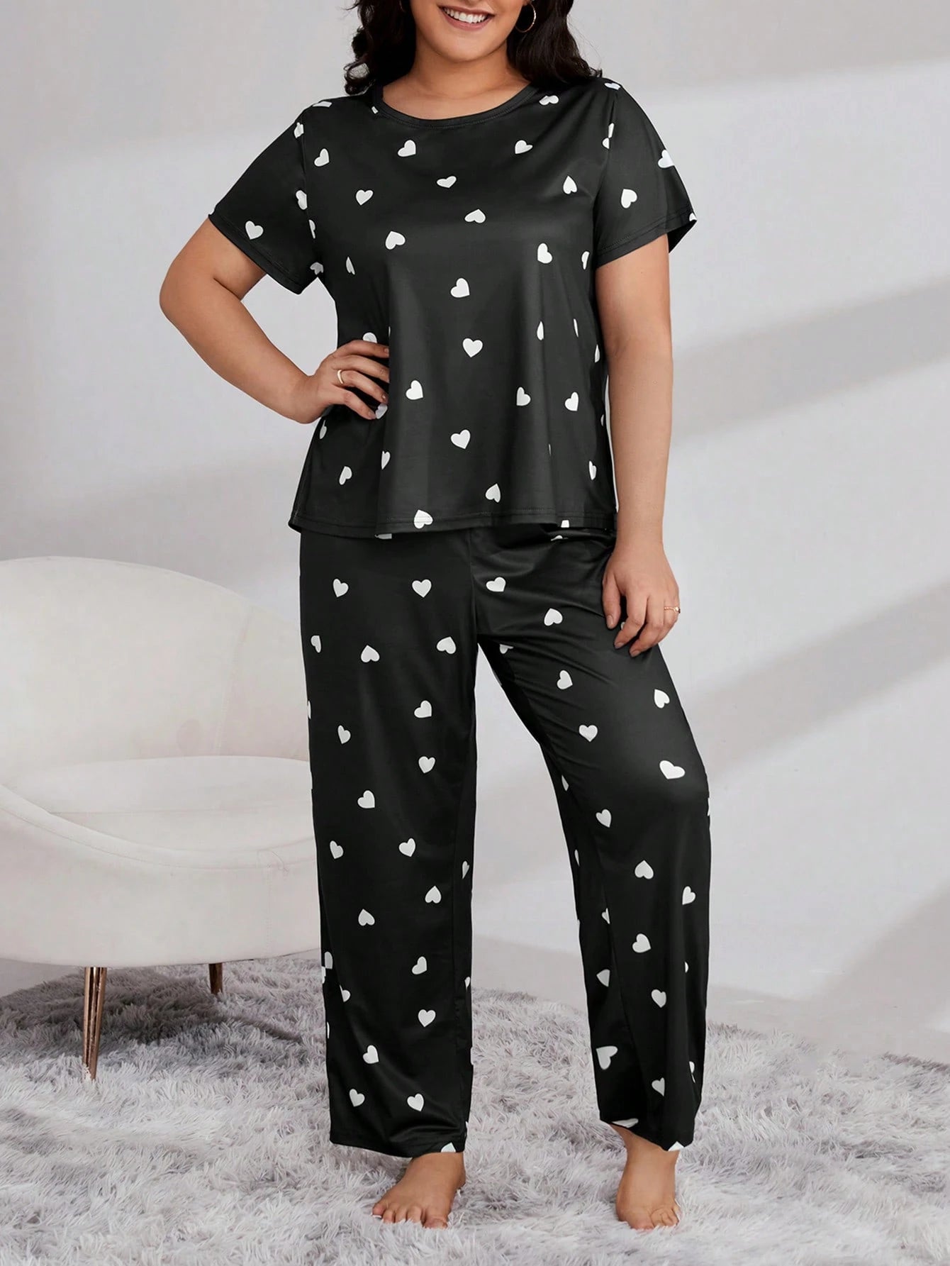 Conjunto de Pijamas / Pijama com Estampa de Coração Plus