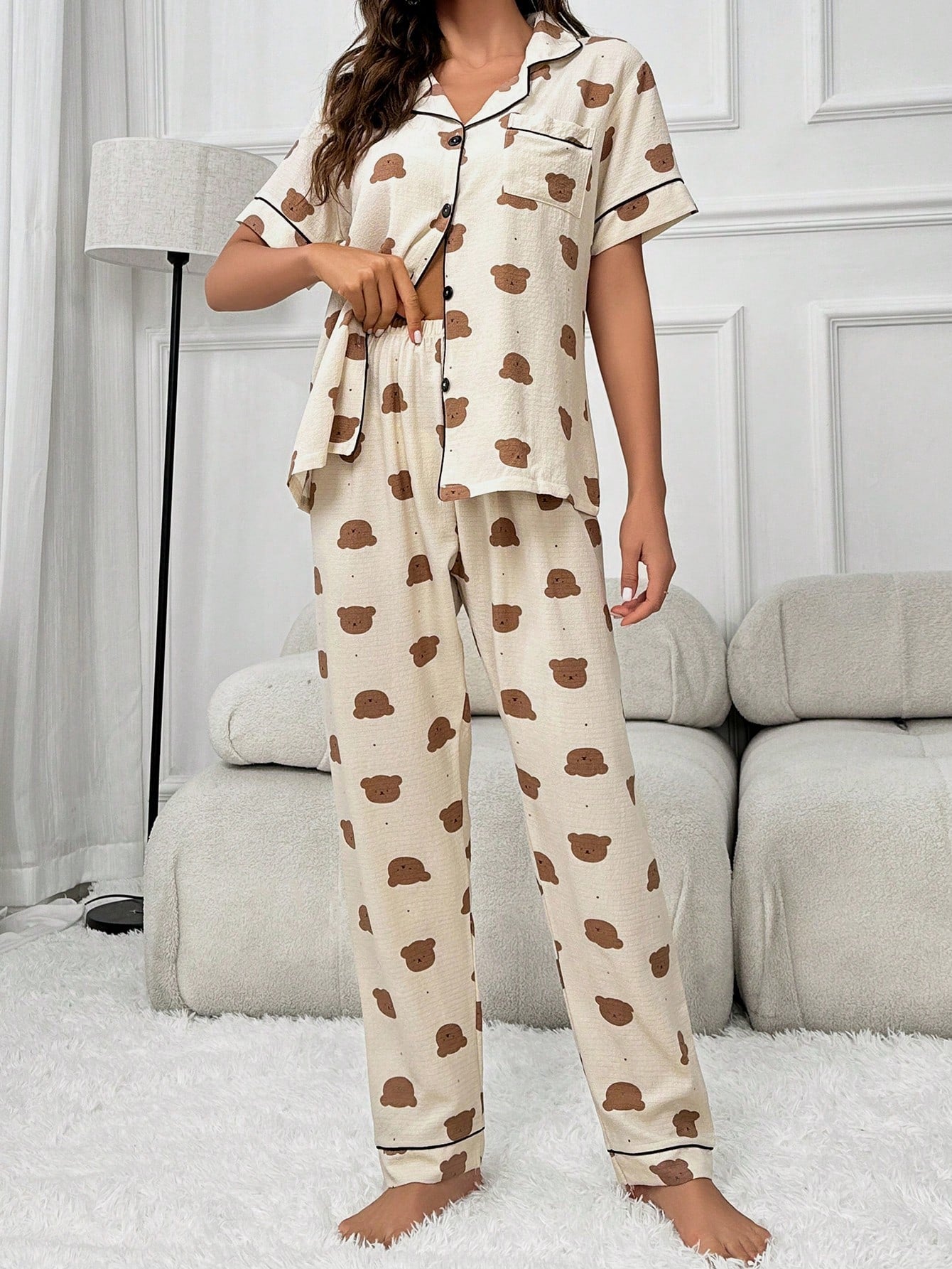 Conjunto de Pijama com Tubulação de Contraste Gráfico Cartoon