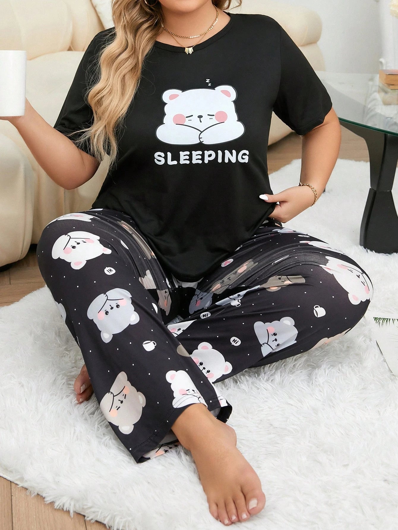 Pijama De Lazer De Tamanho Grande Conjunto De Pijama Impresso Com Urso Dos Desenhos Animados