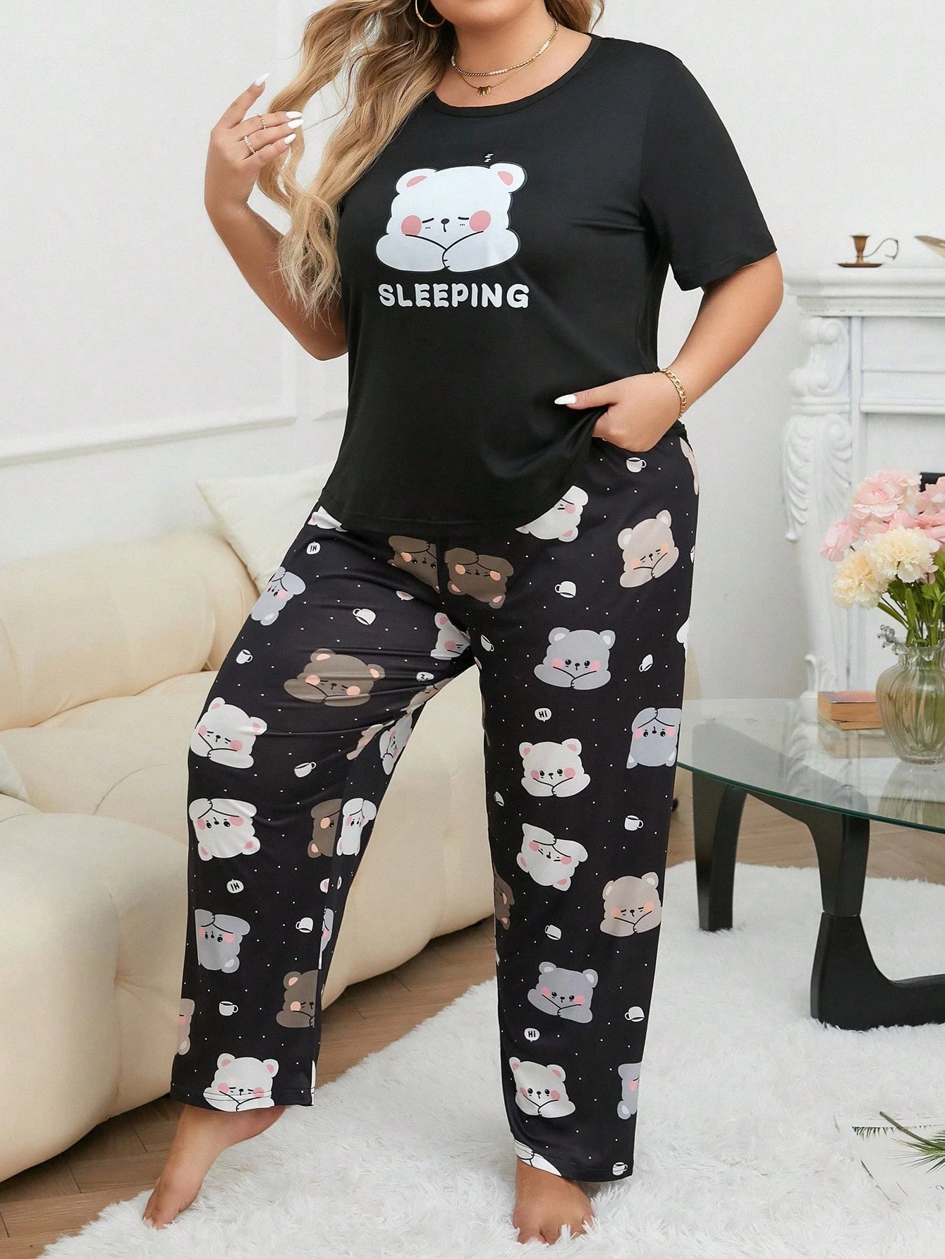Pijama De Lazer De Tamanho Grande Conjunto De Pijama Impresso Com Urso Dos Desenhos Animados