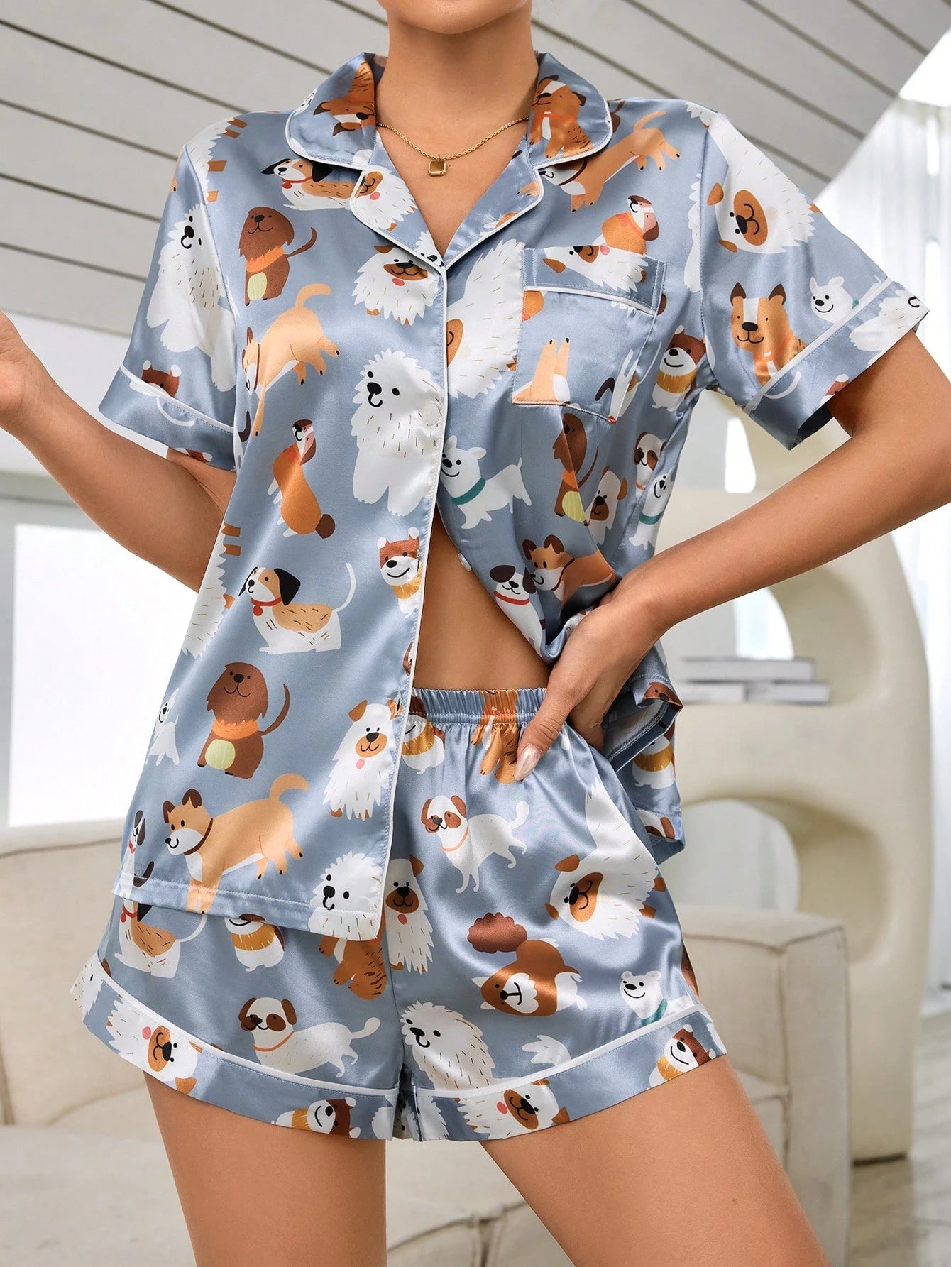 Conjunto de Pijama Feminino com Estampa de Cachorrinho, Top de Manga Curta e Shorts, Único Peitilho