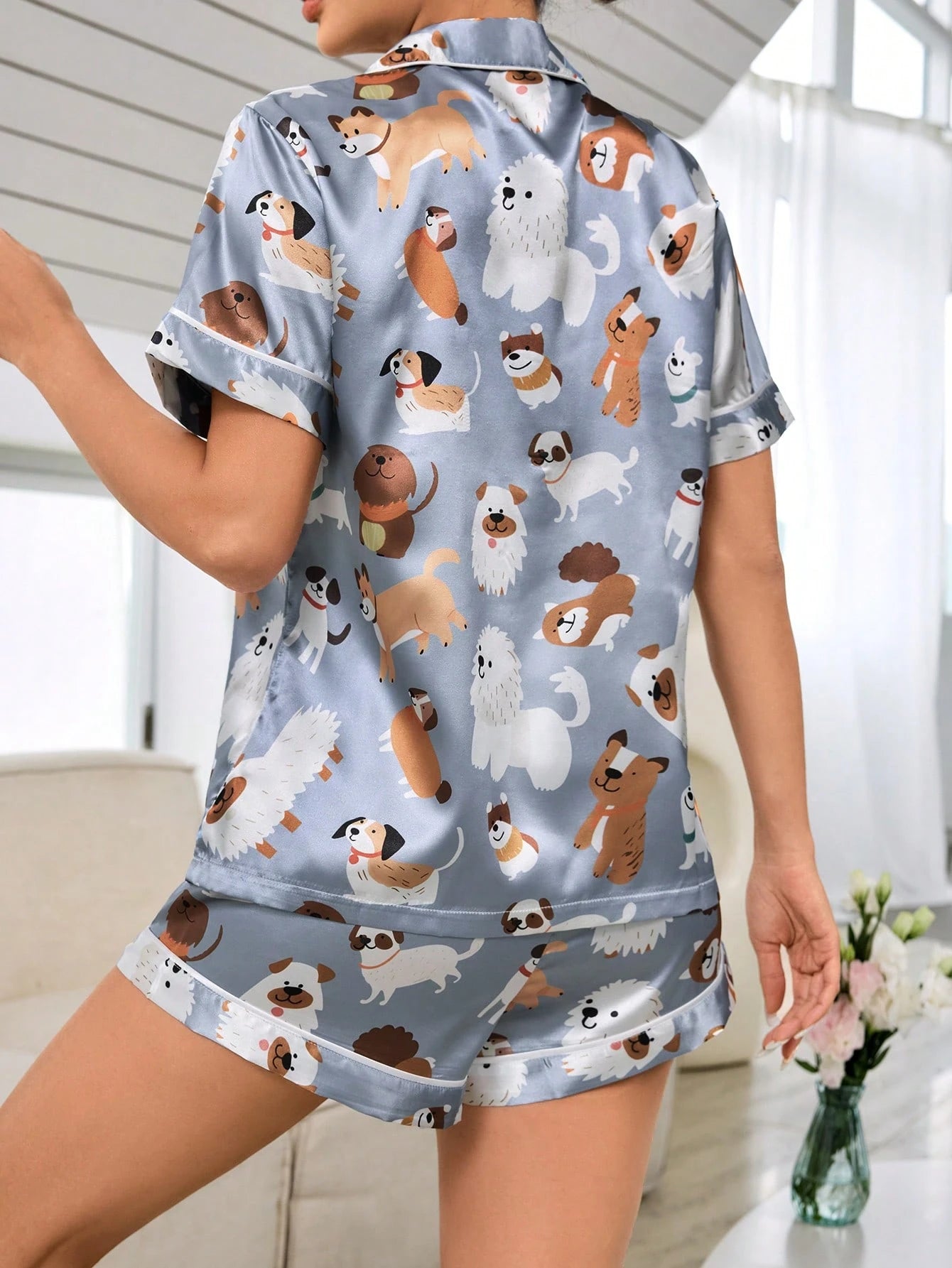 Conjunto de Pijama Feminino com Estampa de Cachorrinho, Top de Manga Curta e Shorts, Único Peitilho