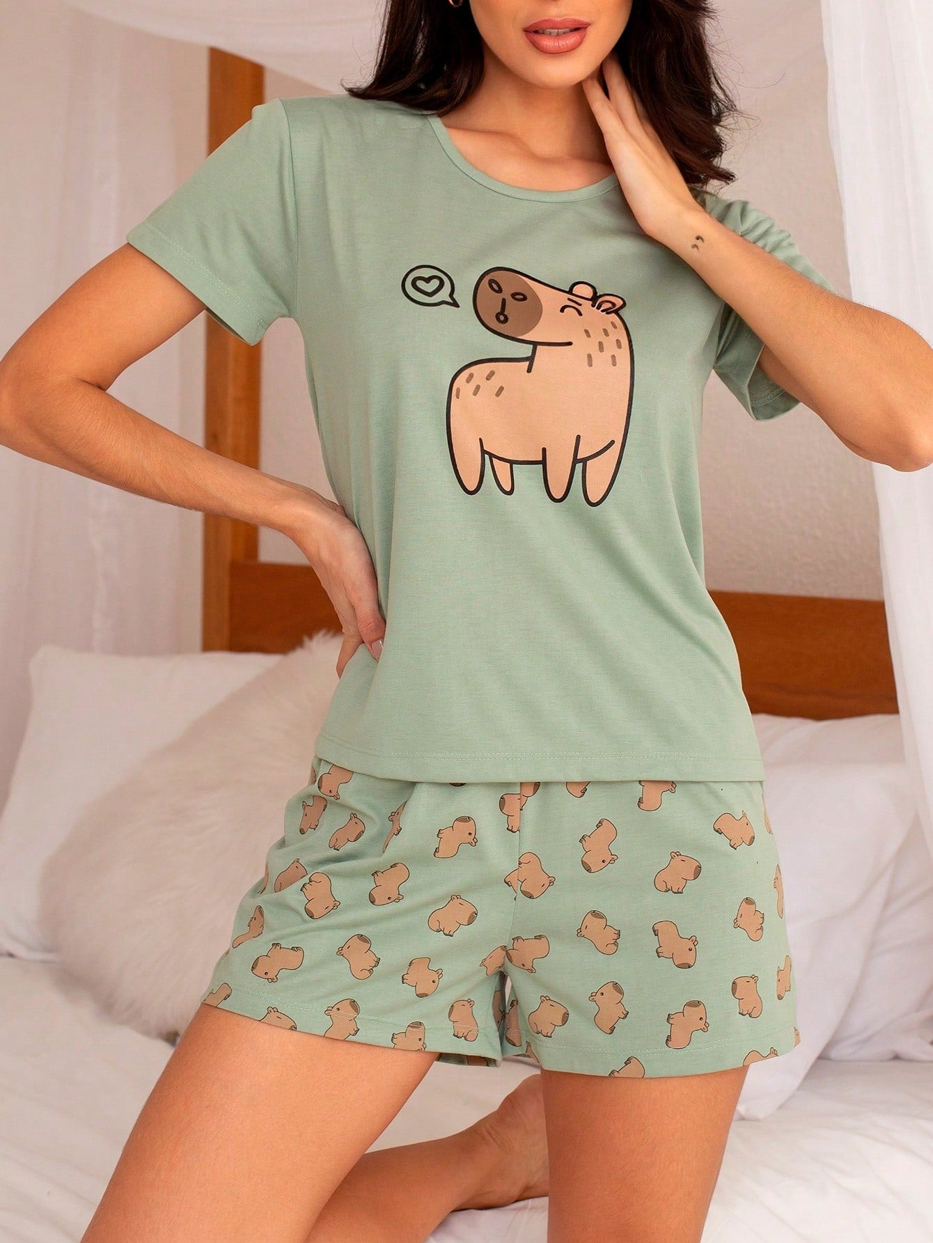 SHE(IN) BRASIL Conjunto De Pijama Short Doll Feminino Estampado Manga Curta padrão kapibara cinza