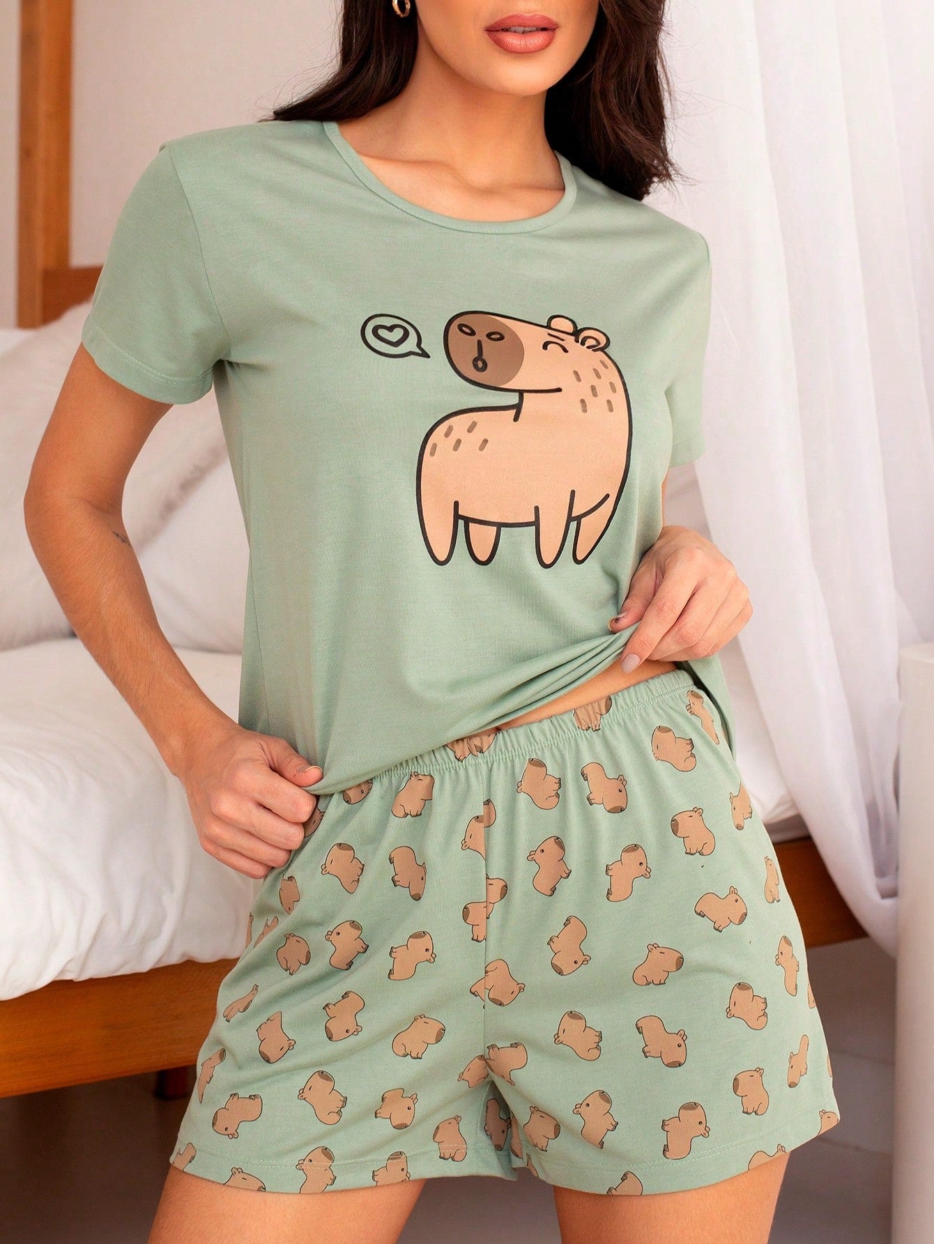 SHE(IN) BRASIL Conjunto De Pijama Short Doll Feminino Estampado Manga Curta padrão kapibara cinza
