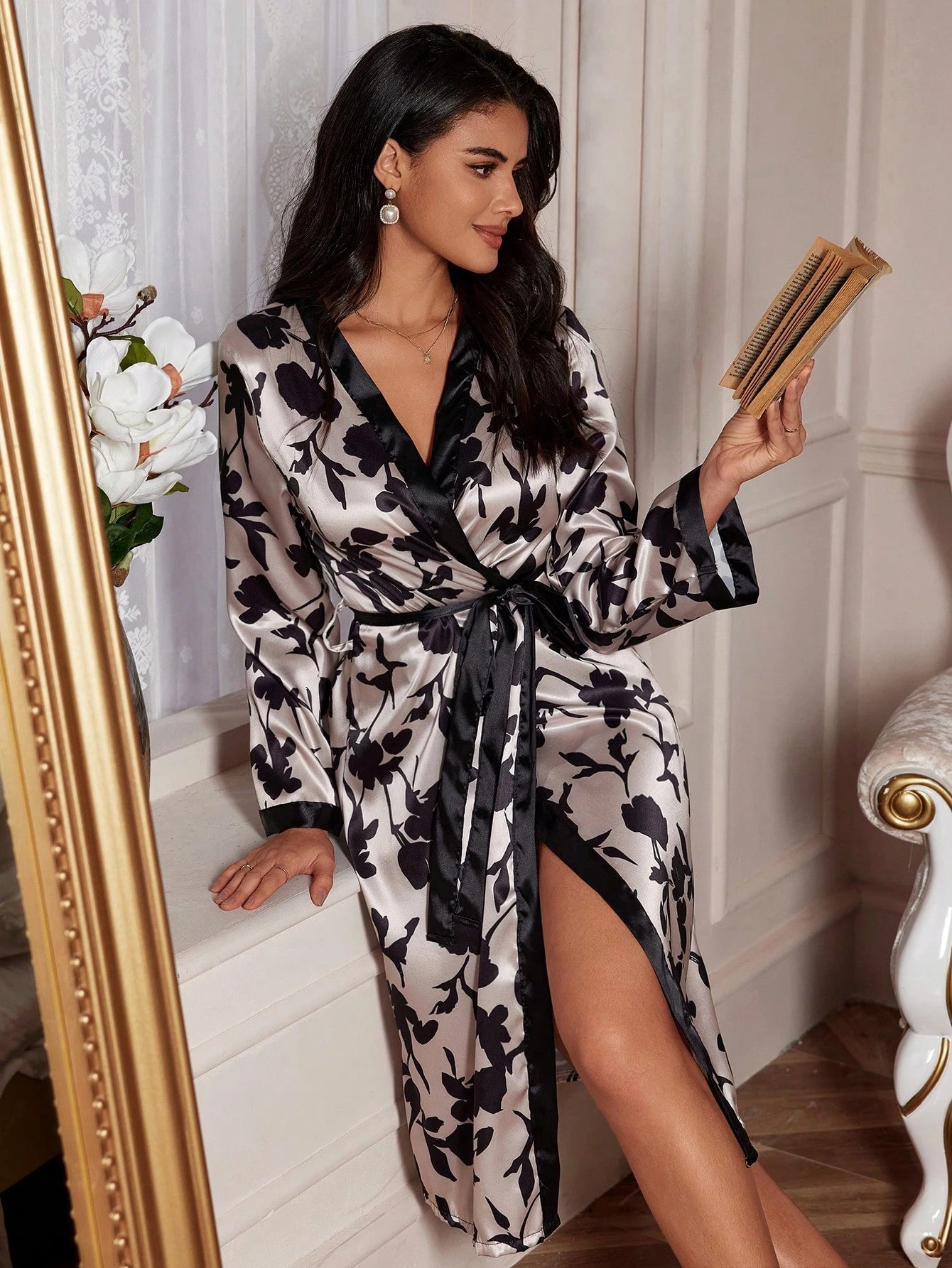LuxeNights Pijama casual feminino de manga longa com impressão de seda simulada e cinto de cintura