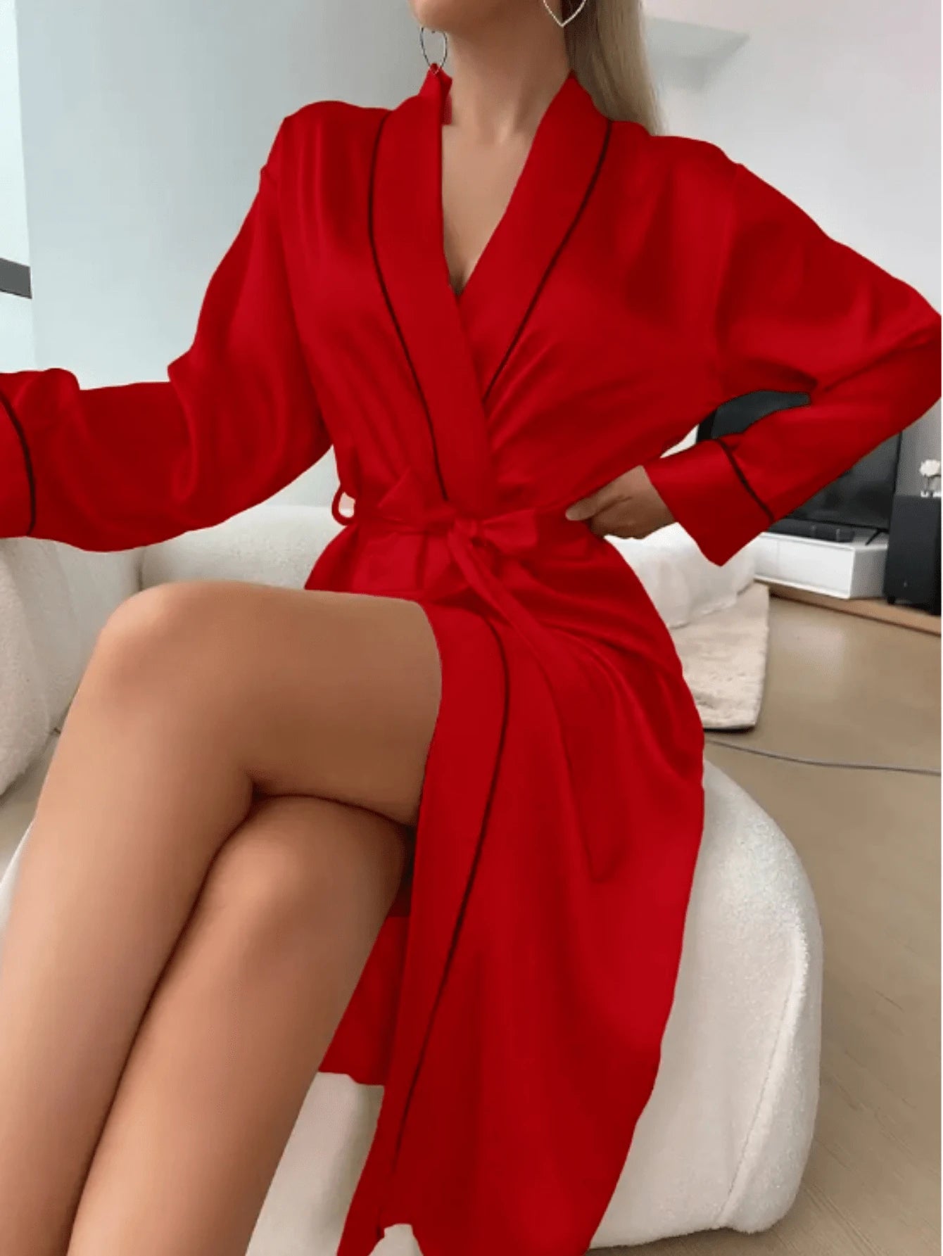 1 peça Roupão feminino elegante e luxuoso design com cinto decote em V
