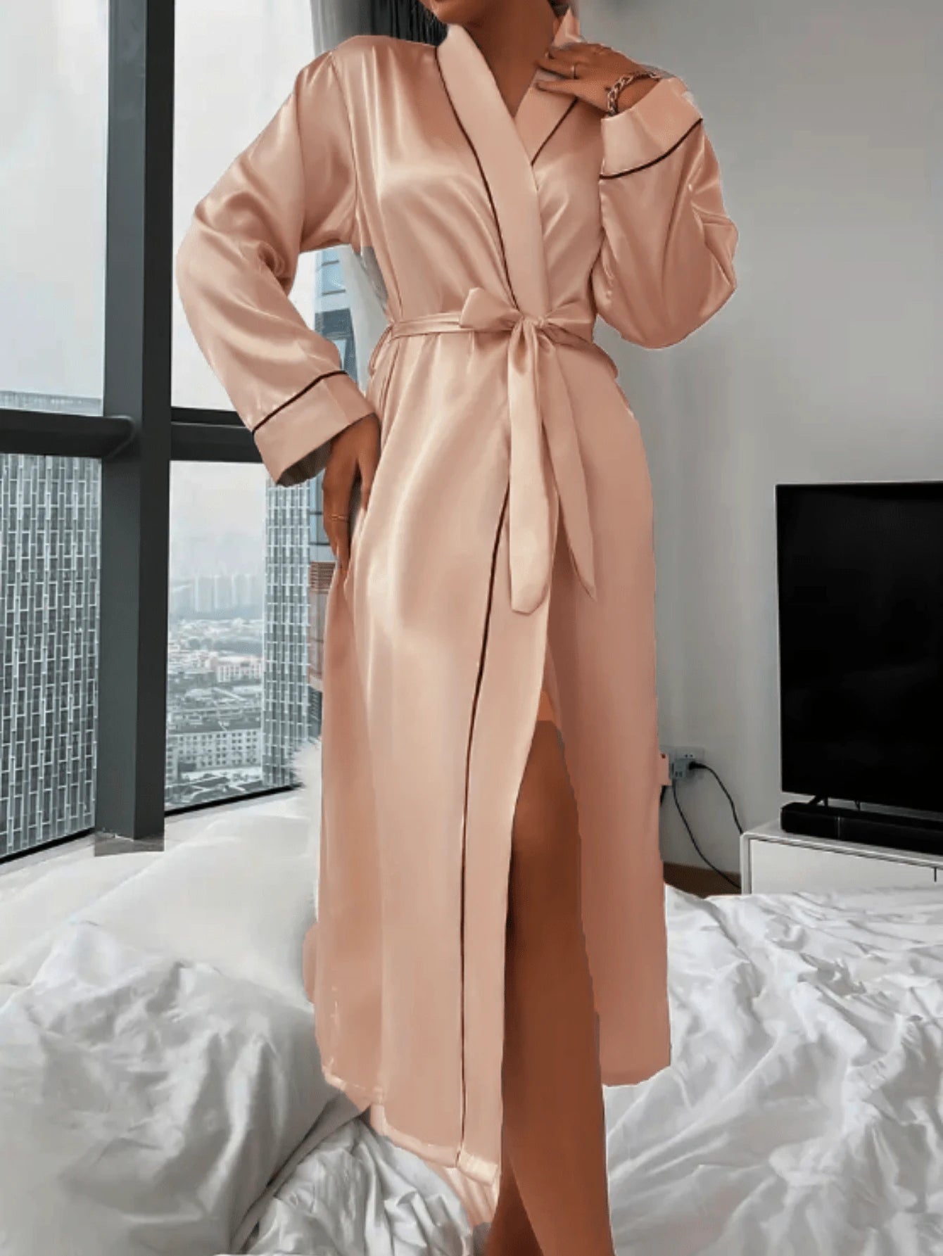 1 peça Roupão feminino elegante e luxuoso design com cinto decote em V