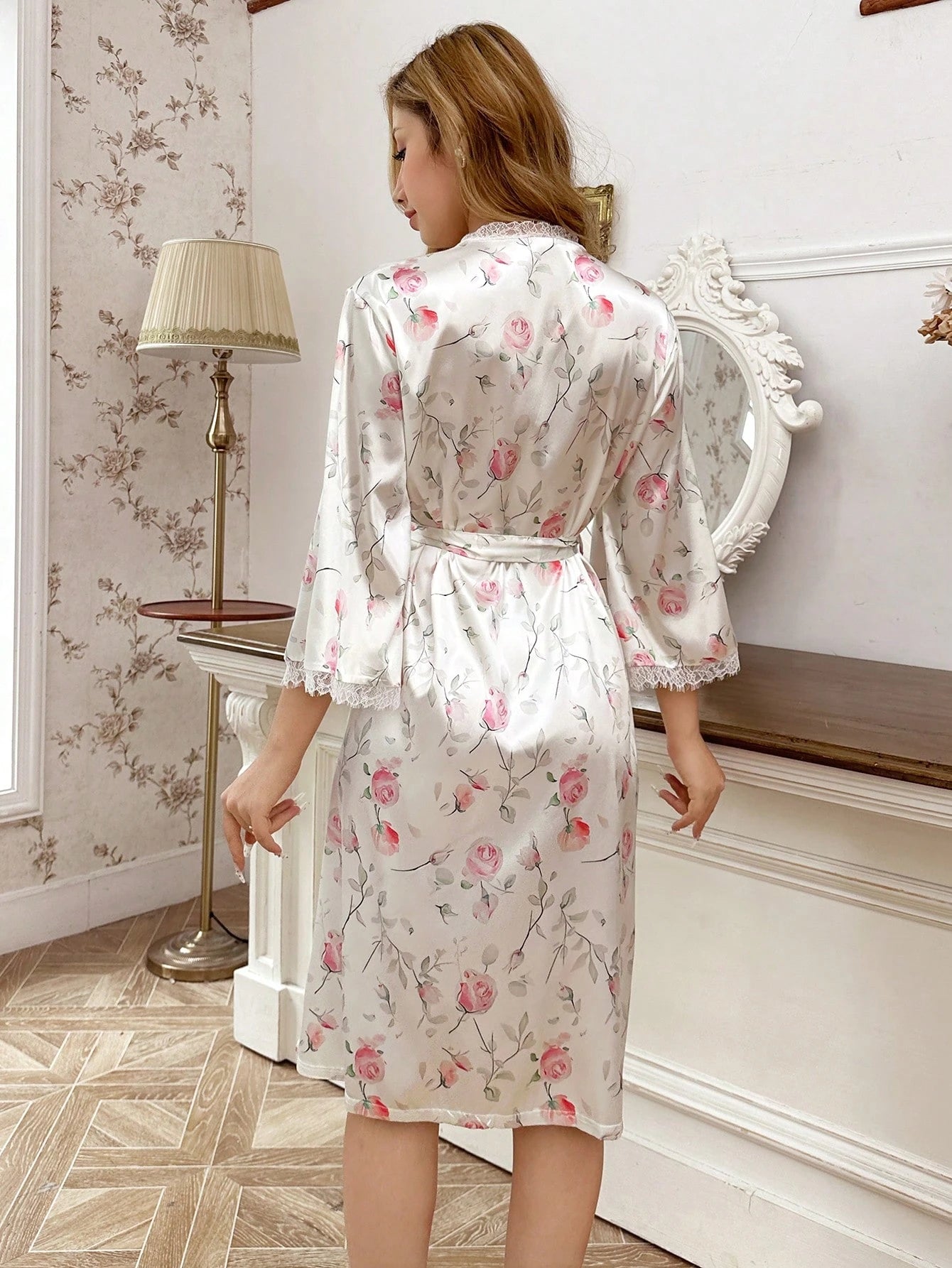 CottageSlumber Roupão Longo de Manga Média com Estampa Floral Toda Sobre Remendo de Renda Feminino, Casual Diário