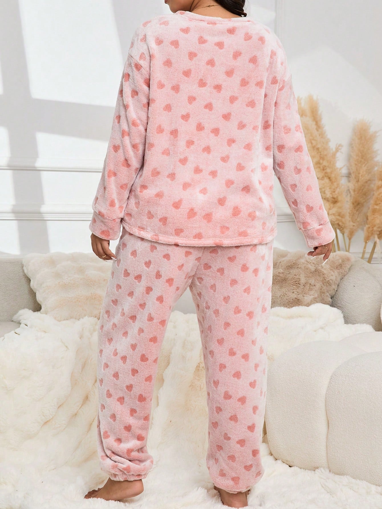 Pijama Conjunto de Top de Manga Longa Gola Careca Quente e Macia em Forma de Coração e Calça Plus Size Casual