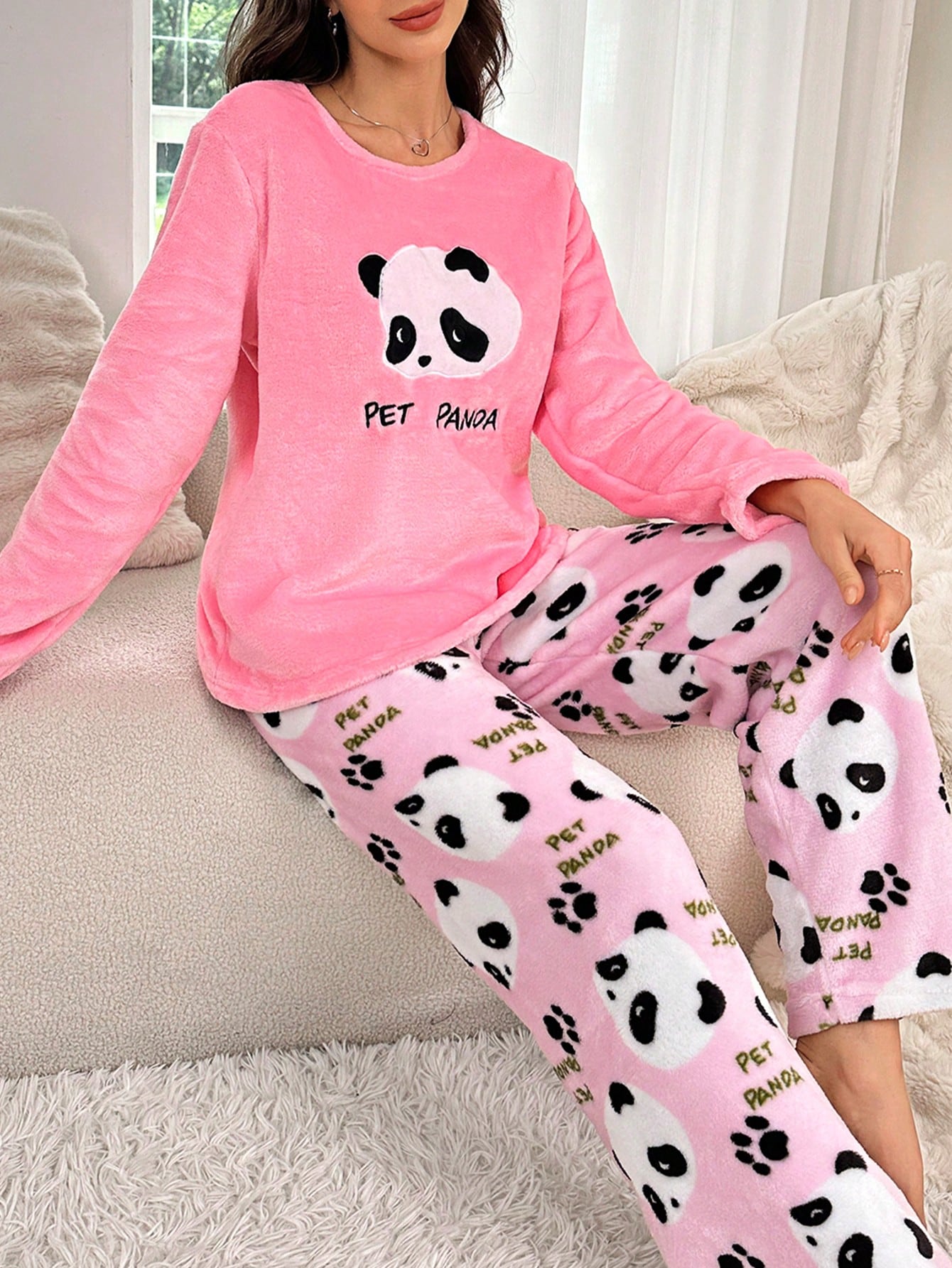 Conjunto de Pijama Feminino 2 peças, Top de Manga Longa e Calça com Estampa Fofa de Panda
