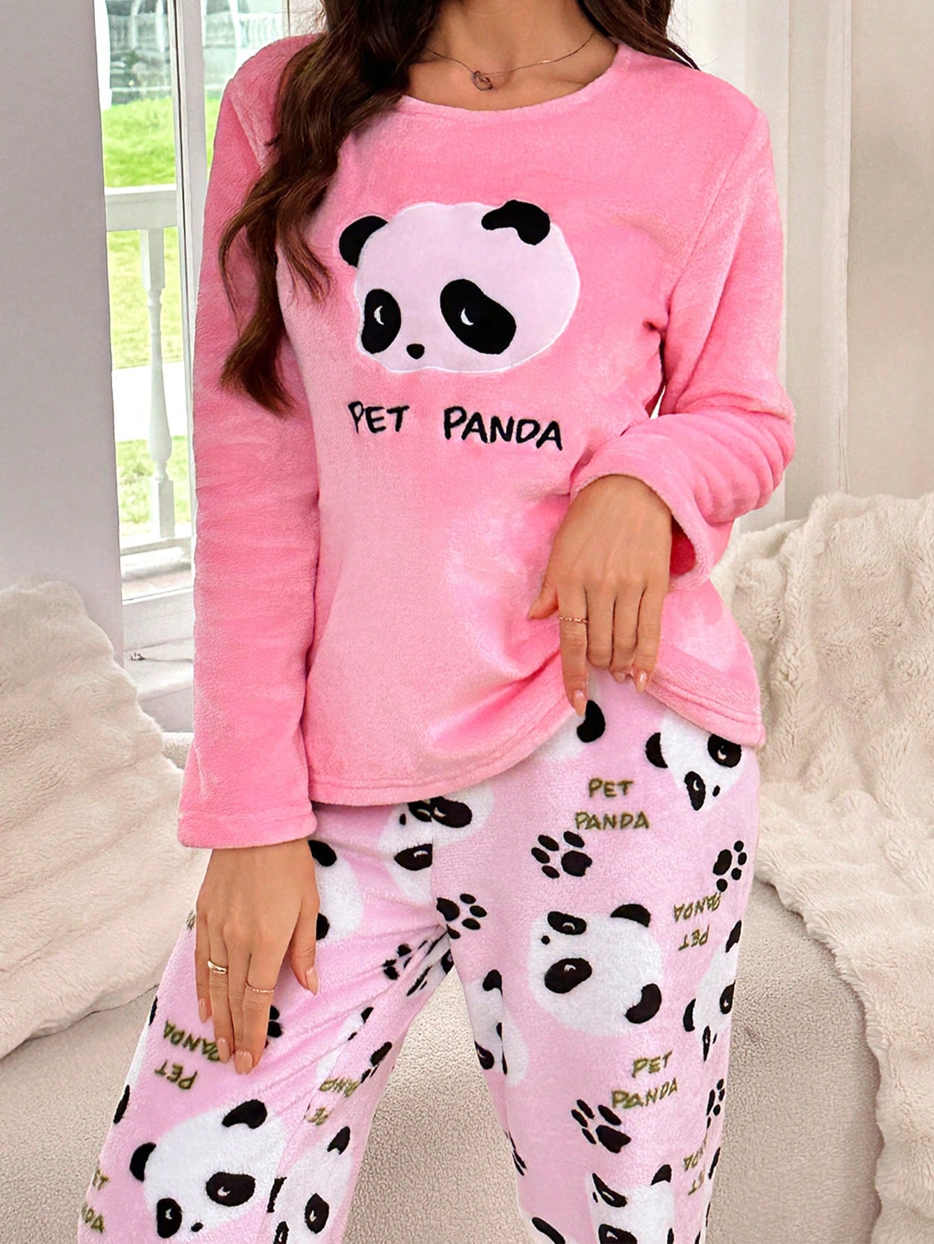 Conjunto de Pijama Feminino 2 peças, Top de Manga Longa e Calça com Estampa Fofa de Panda