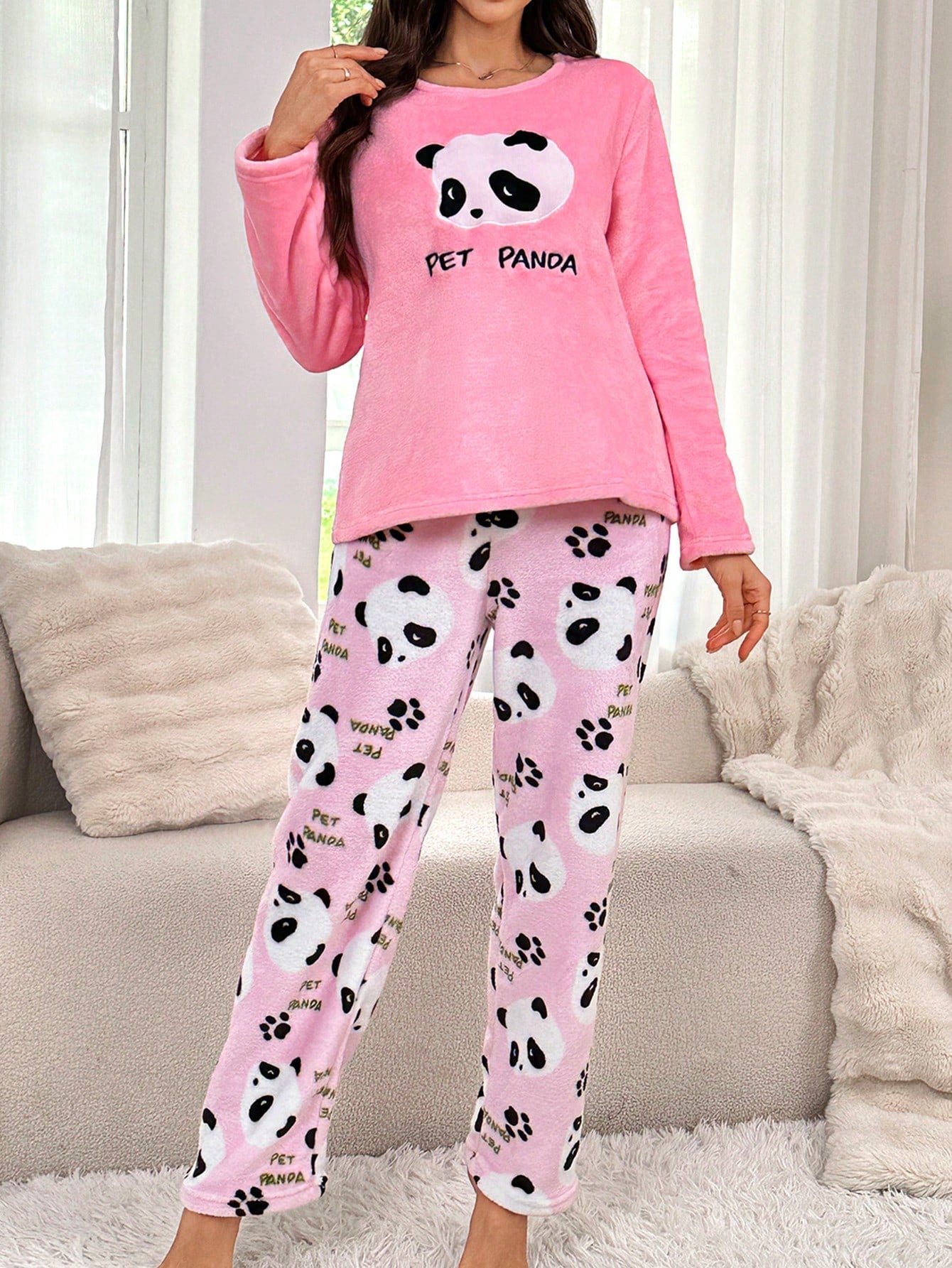 Conjunto de Pijama Feminino 2 peças, Top de Manga Longa e Calça com Estampa Fofa de Panda