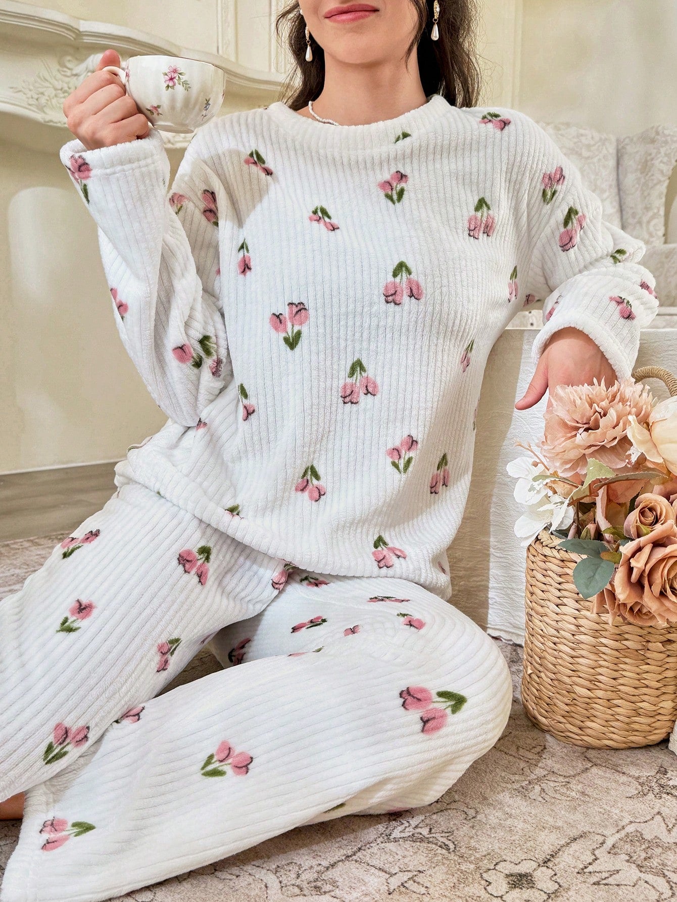 CottageSlumber Conjunto de Pijama Feminino de Moletom com Estampa Floral - Blusa e Calça