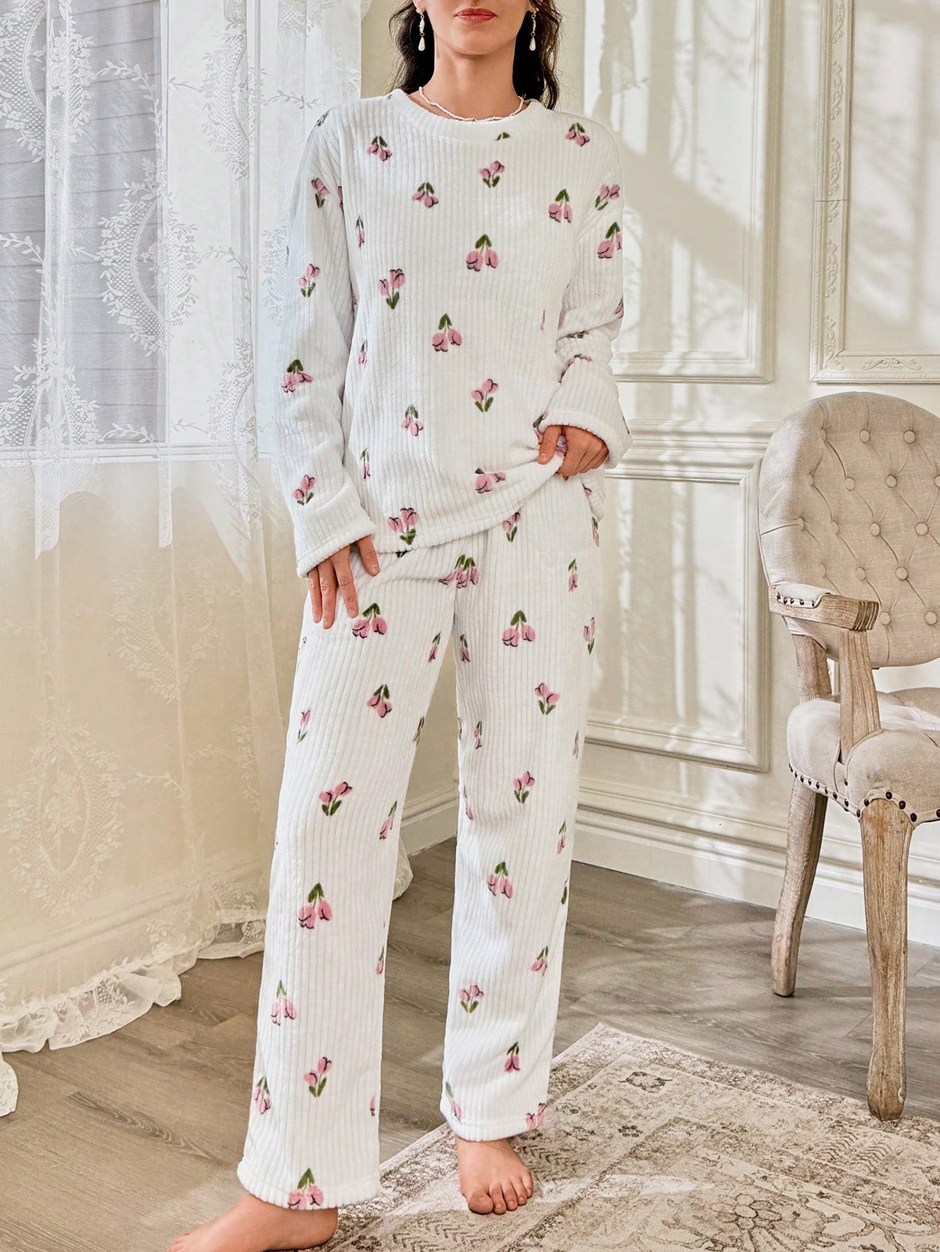 CottageSlumber Conjunto de Pijama Feminino de Moletom com Estampa Floral - Blusa e Calça