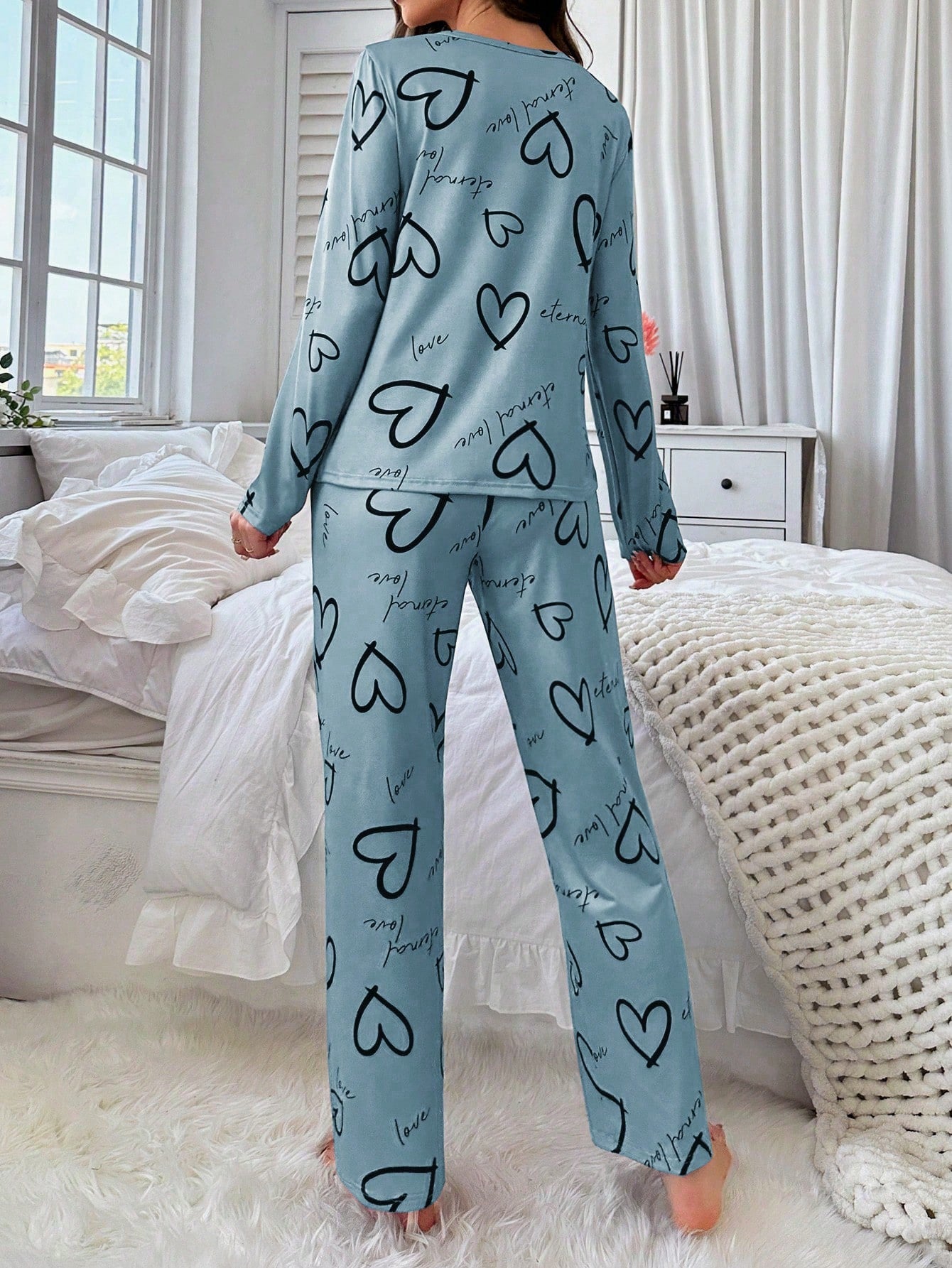 Conjunto de Pijama Casual com Top de Manga Longa com Estampa Completa e Gola Careca e Calça, Para Mulheres
