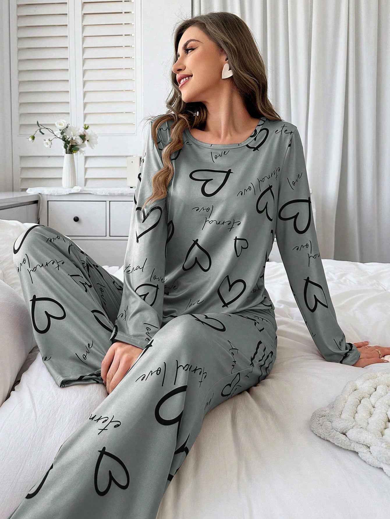 Conjunto de Pijama Casual com Top de Manga Longa com Estampa Completa e Gola Careca e Calça, Para Mulheres