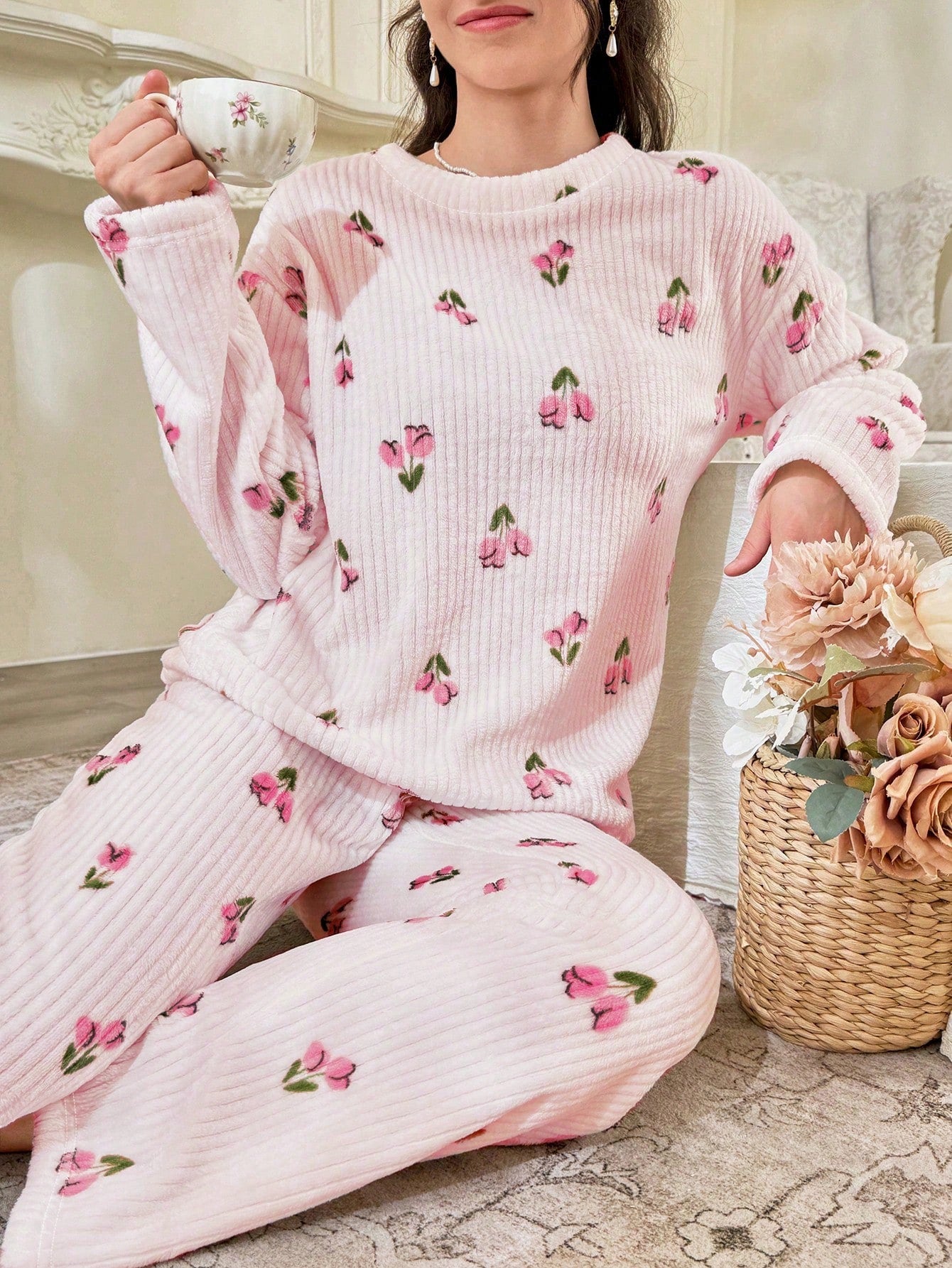 CottageSlumber Conjunto de Pijama Feminino de Moletom com Estampa Floral - Blusa e Calça