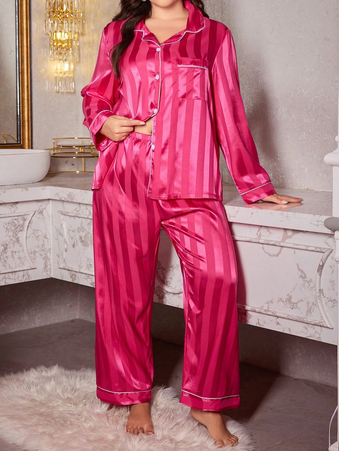 LuxeNights Conjunto de Pijama Elegante de Manga Longa com Bolso, Listras de Gorgurão, Cor Sólida, Plus Size Feminino, Outono/Inverno