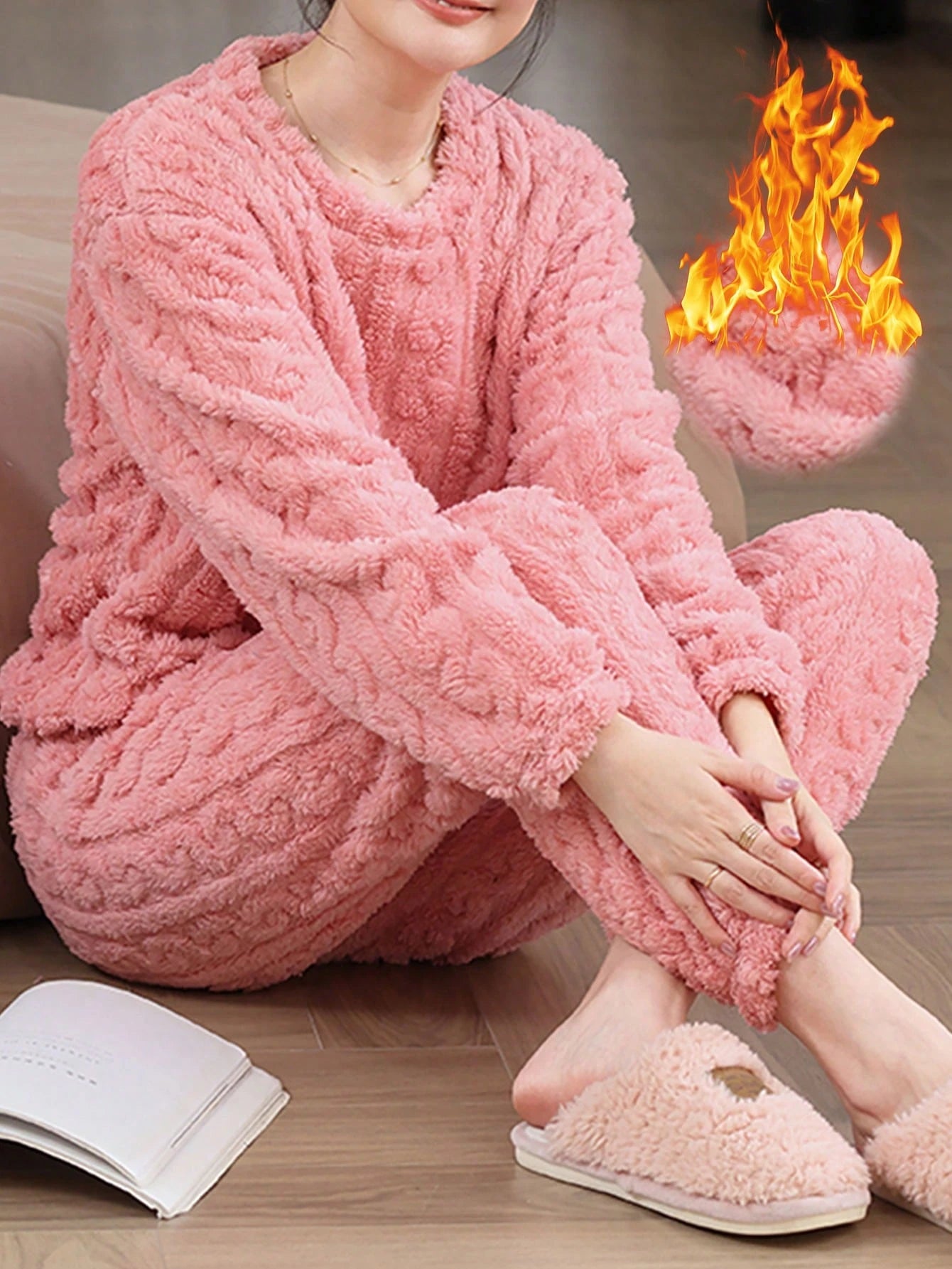 2 Peças/Conjunto Pijama de Fleece de Coral, Sleepwear de Inverno Quente e Confortável, Roupa de Estar Em Casa Macia e Felpuda, Conjunto de Duas Peças