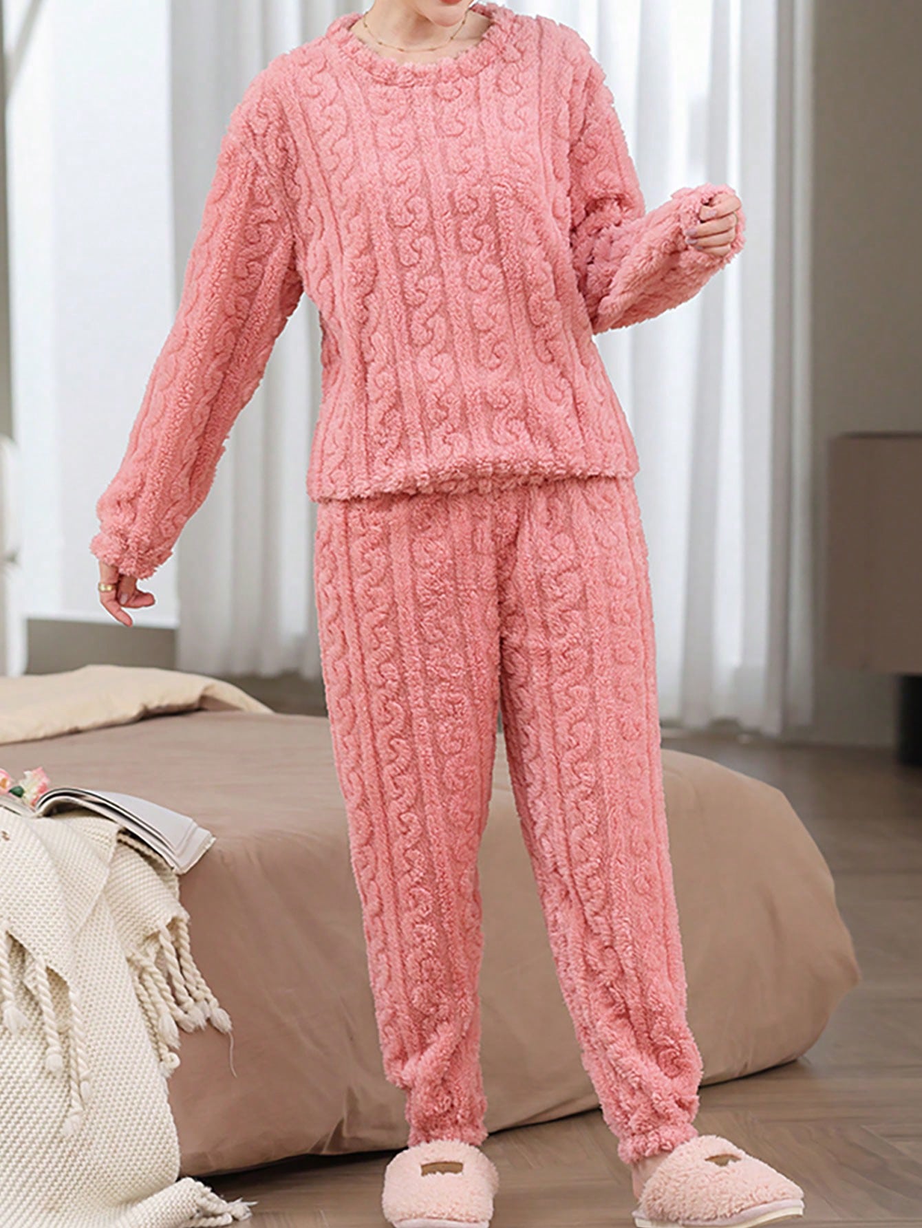 2 Peças/Conjunto Pijama de Fleece de Coral, Sleepwear de Inverno Quente e Confortável, Roupa de Estar Em Casa Macia e Felpuda, Conjunto de Duas Peças