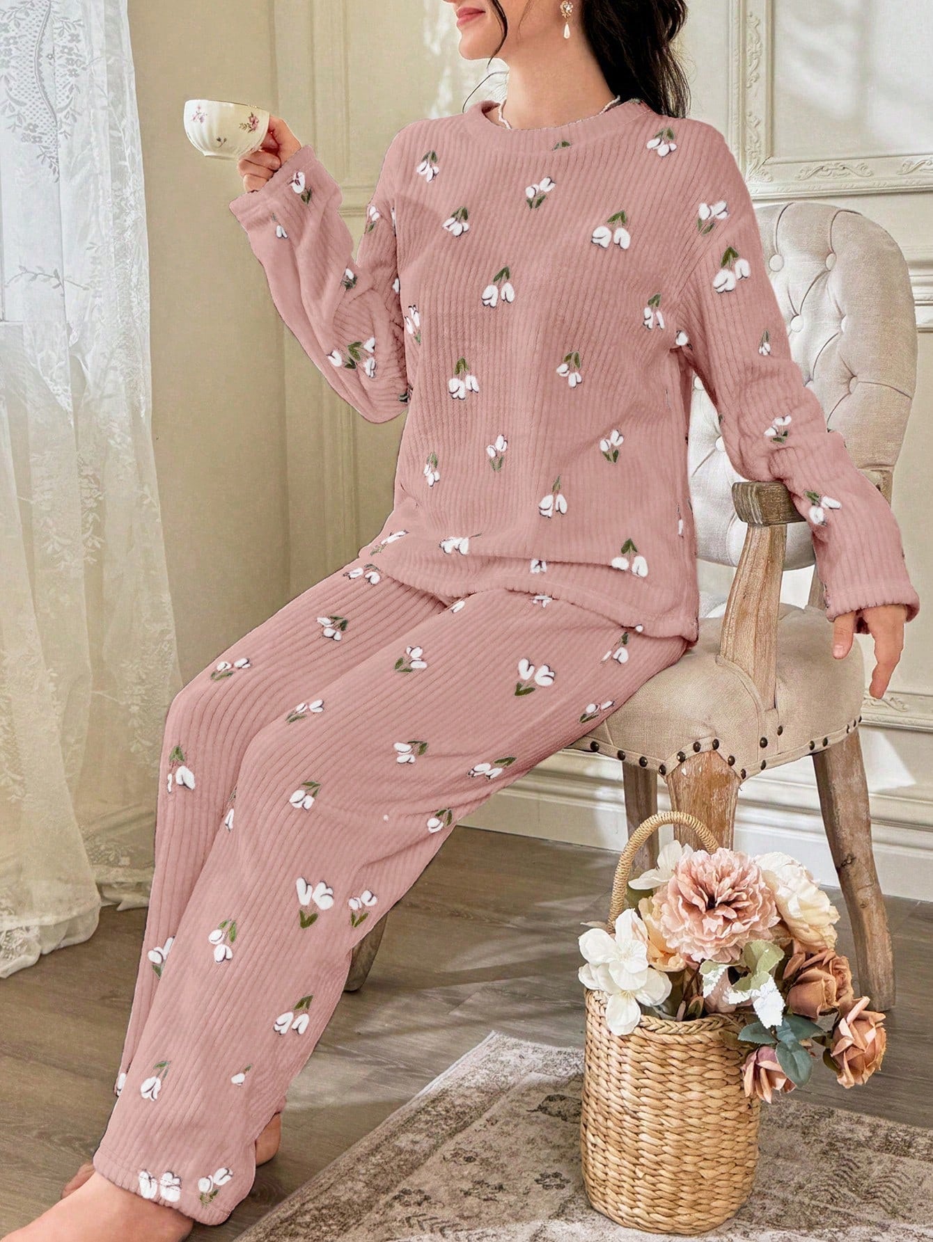 CottageSlumber Conjunto de Pijama Feminino de Moletom com Estampa Floral - Blusa e Calça