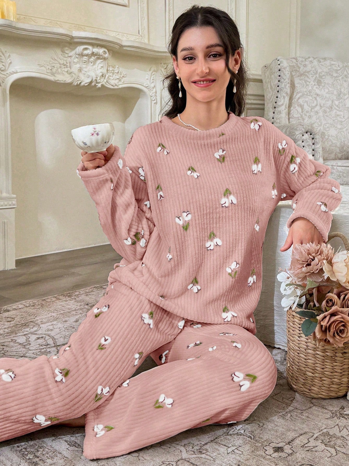 CottageSlumber Conjunto de Pijama Feminino de Moletom com Estampa Floral - Blusa e Calça