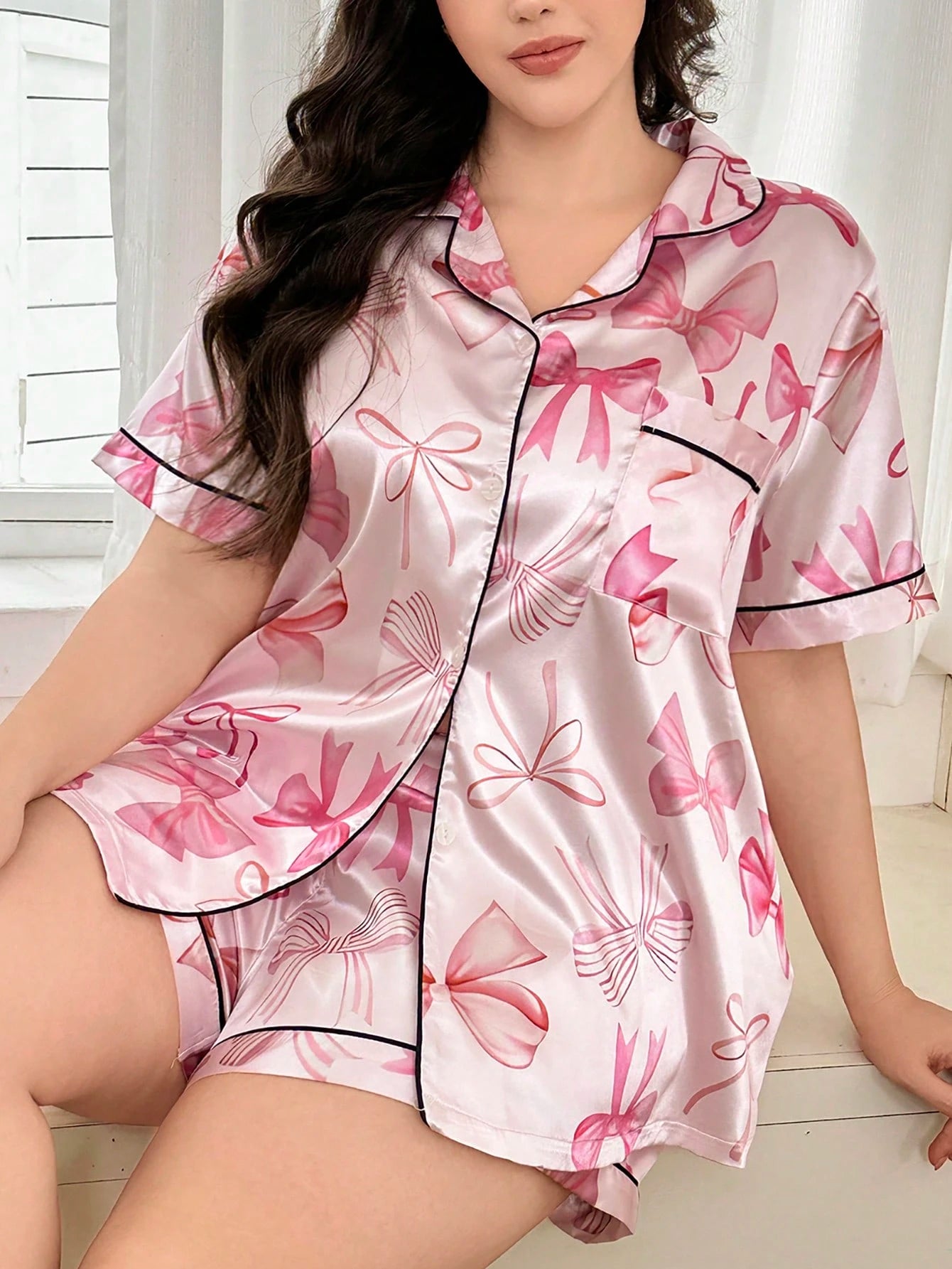 Dream Adore Conjunto de Pijama com Cardigan e Shorts com Estampa de Laço de Cetim Estilo Y2K, Plus Size