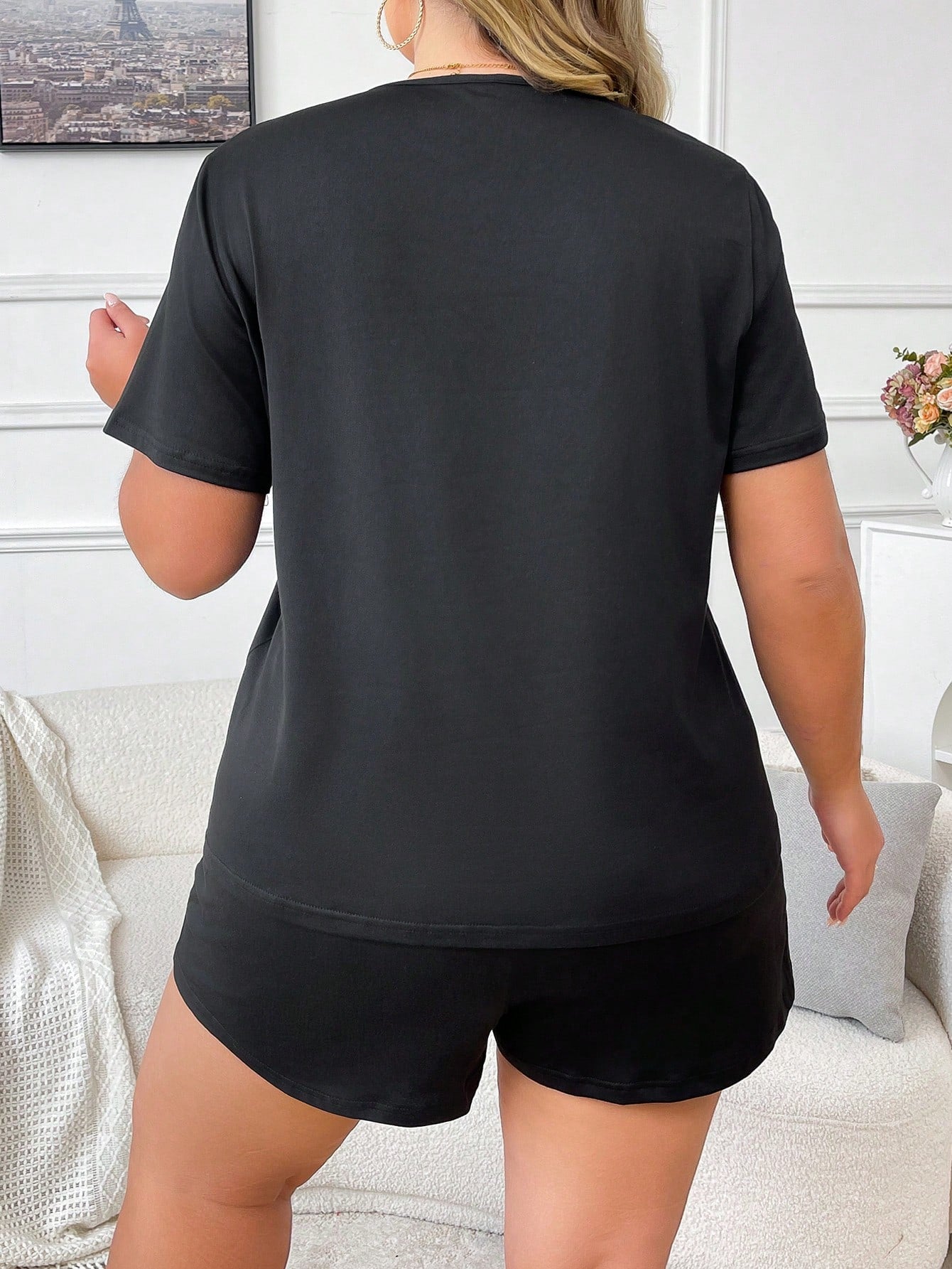 Conjunto de Pijama com Shorts e Manga Curta com Estampa de Coração, Minimalista, Plus Size
