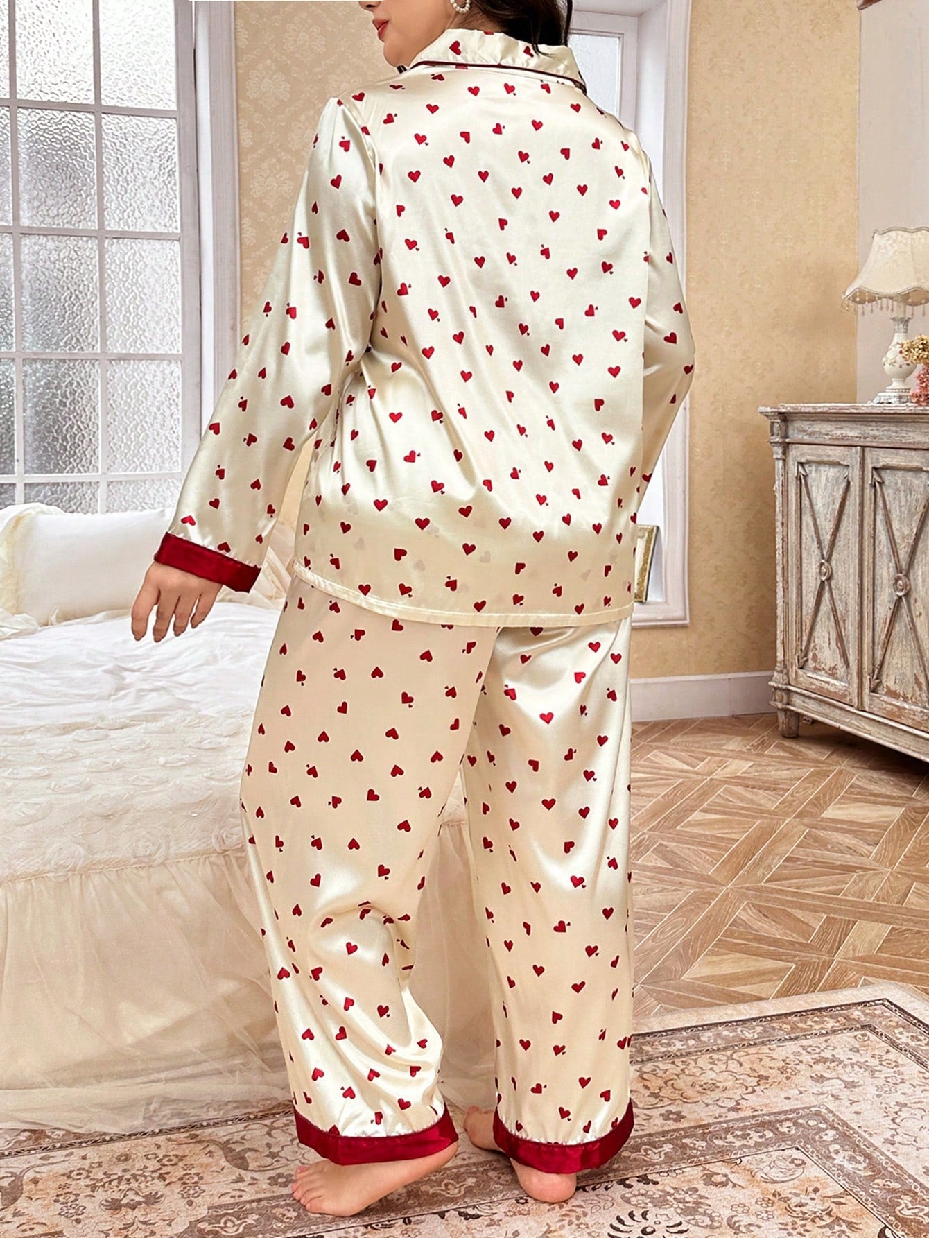 CottageSlumber Conjunto de Pijama Cardigan e Calça Plus Size em Bloco de Cor com Estampa de Coração, Manga Longa