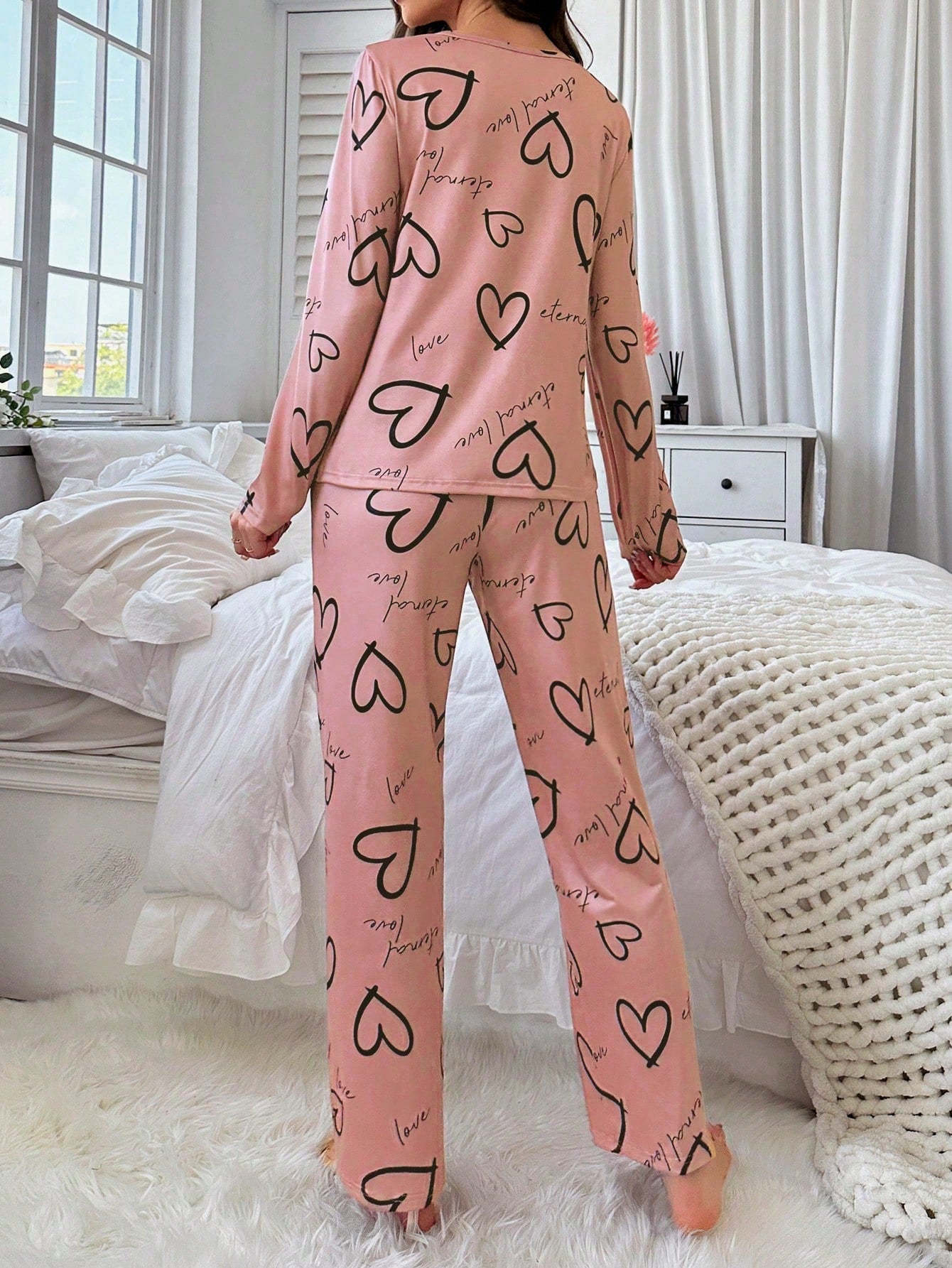 Conjunto de Pijama Casual com Top de Manga Longa com Estampa Completa e Gola Careca e Calça, Para Mulheres