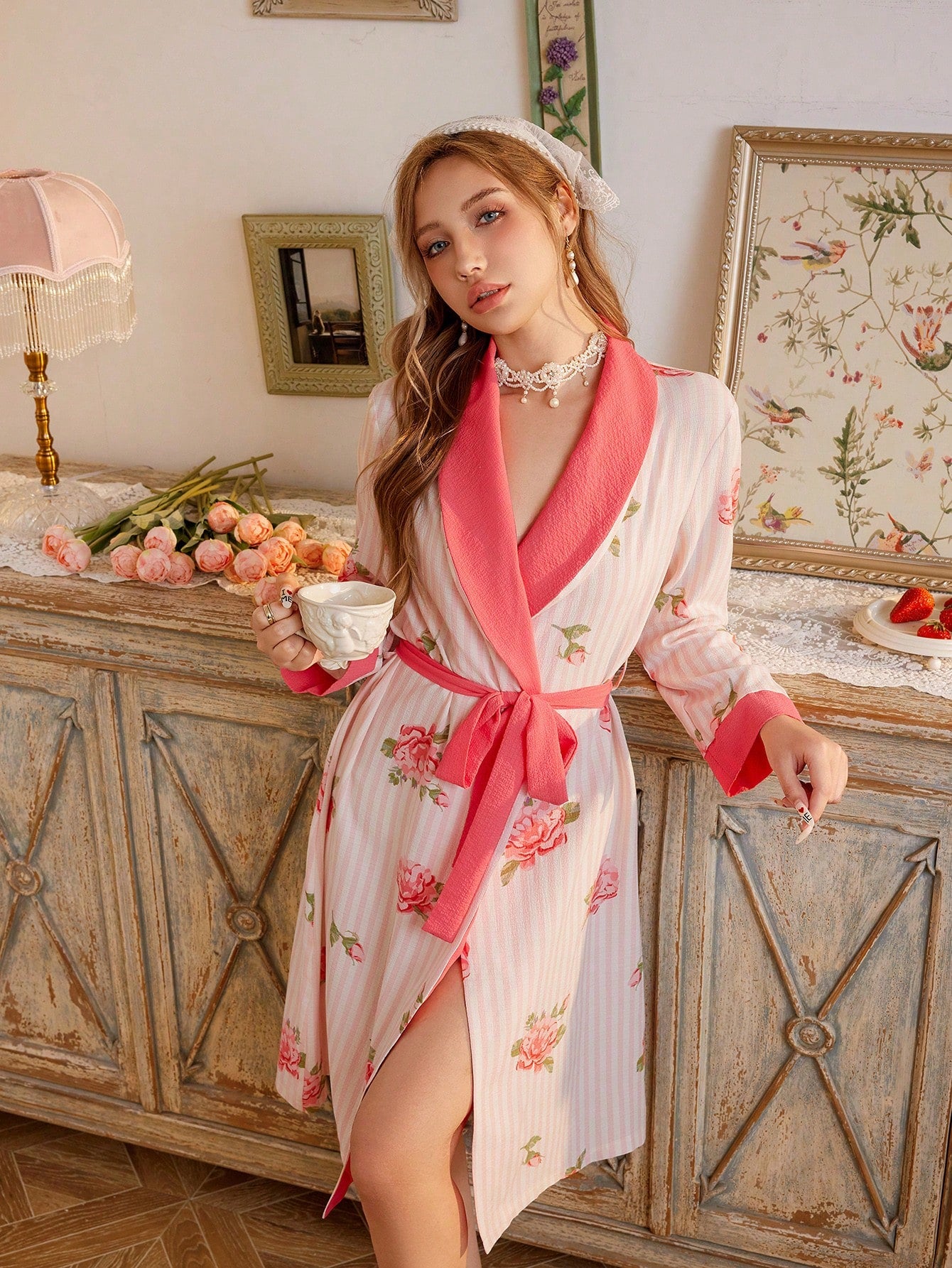CottageSlumber Roupão Feminino de Dormir com Babado de Flor de Rosa Listrada