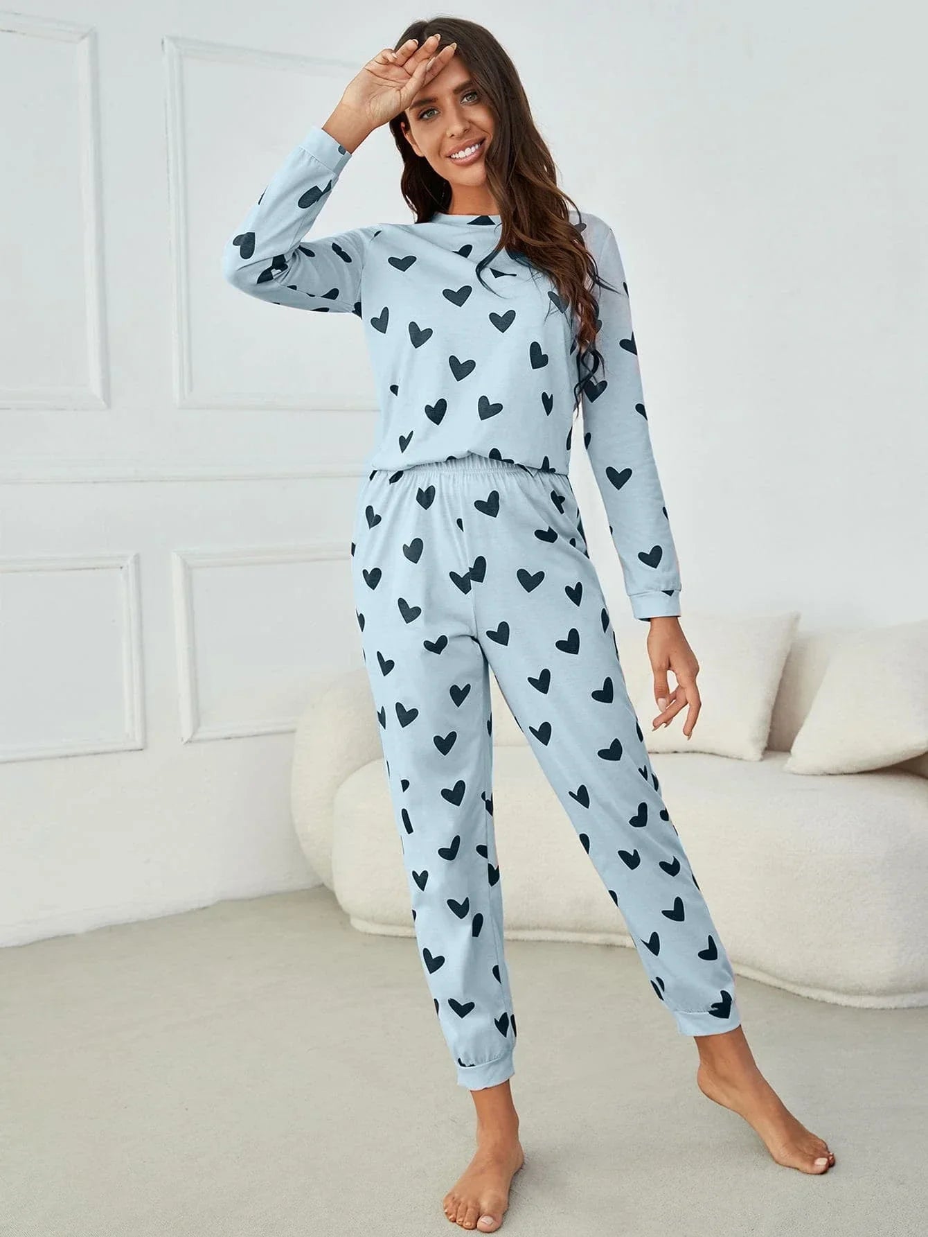 Pijama Longo Corações Babi Azul / P