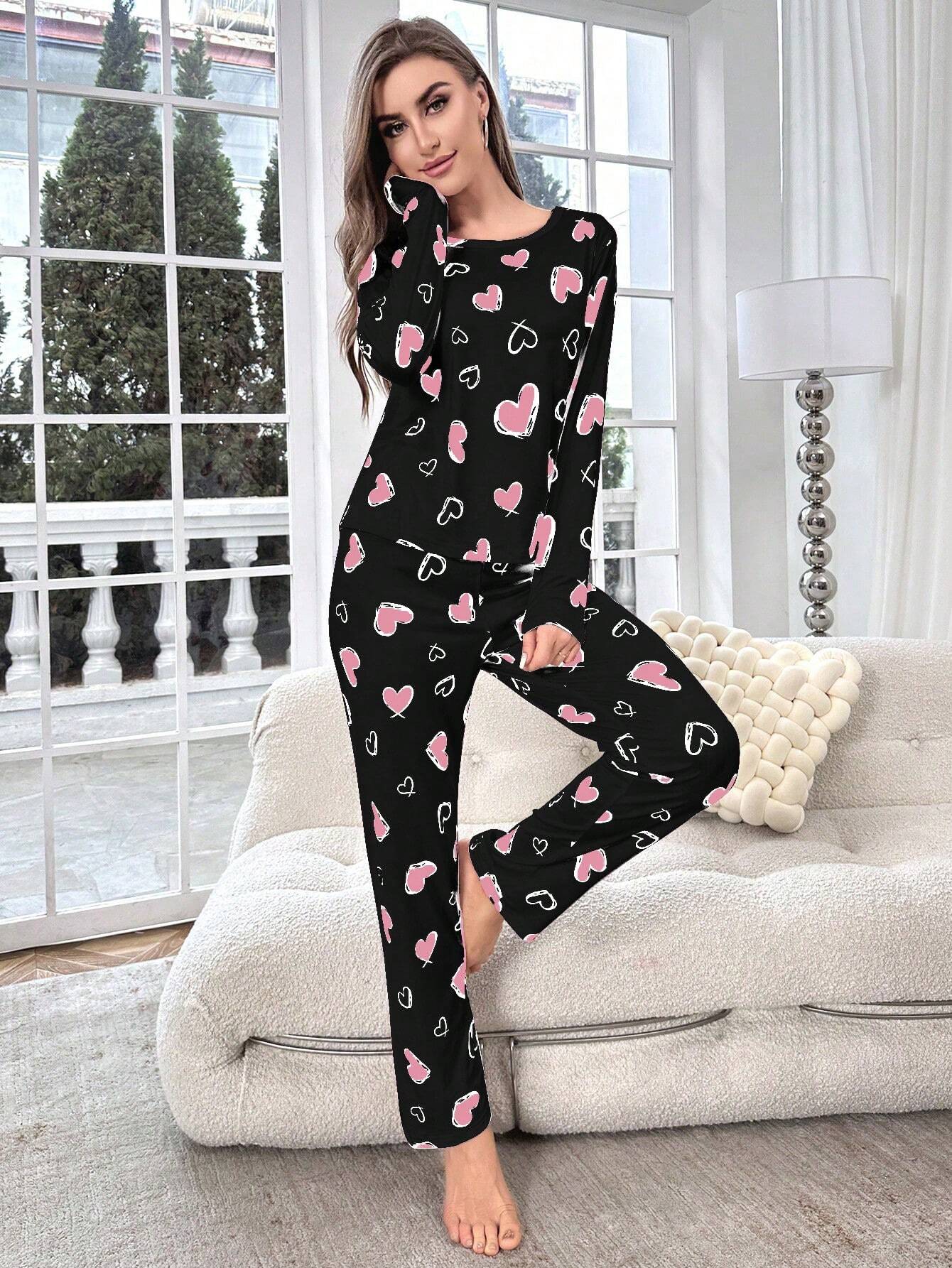 Pijama Longo Corações Kimberly Preto / P